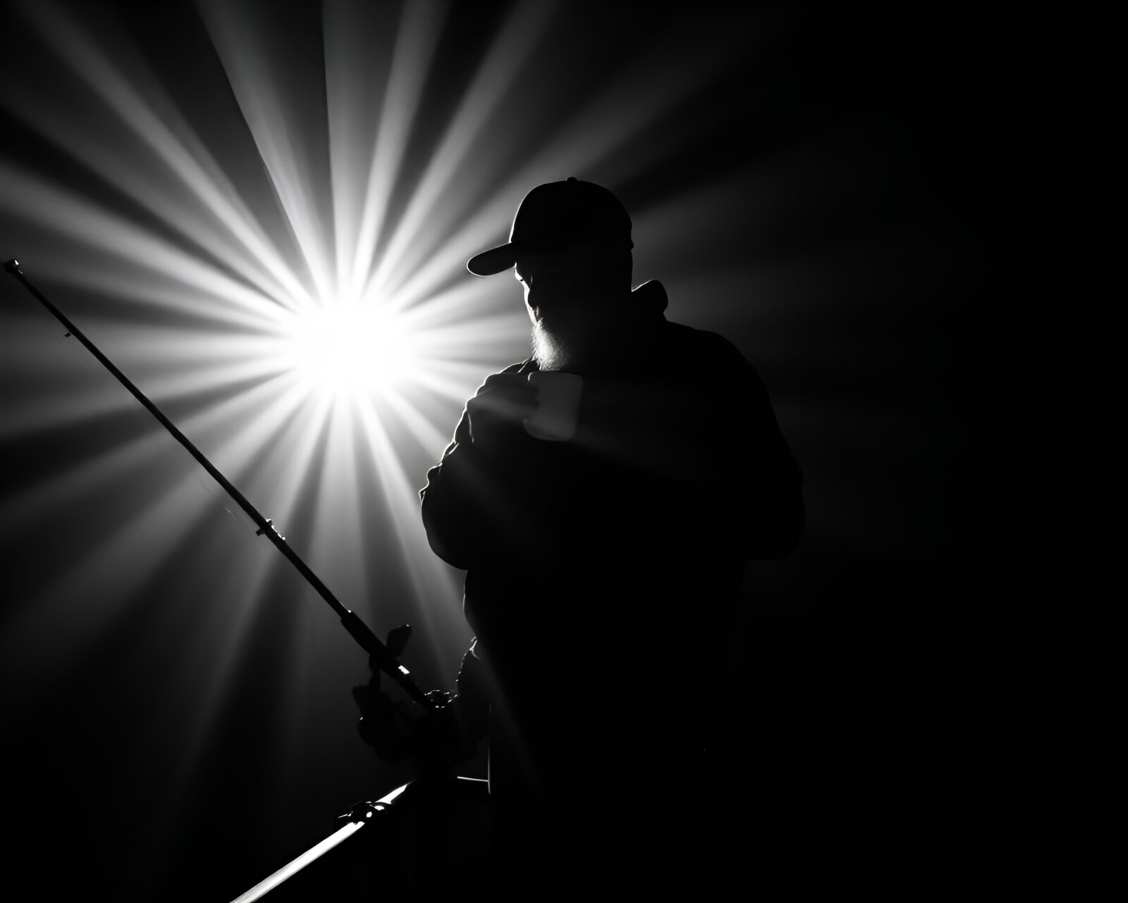 A minimalist black and white photo of a fisherman enjoying coffee