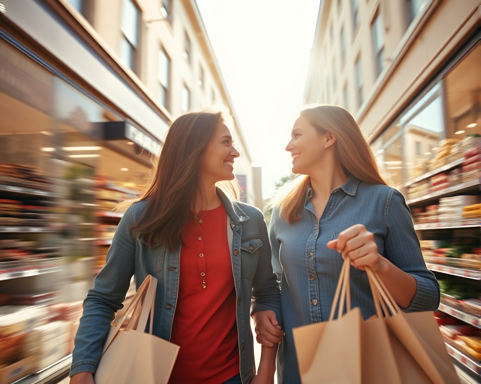 Wide-angle view of couple shopping for groceries with motion blur