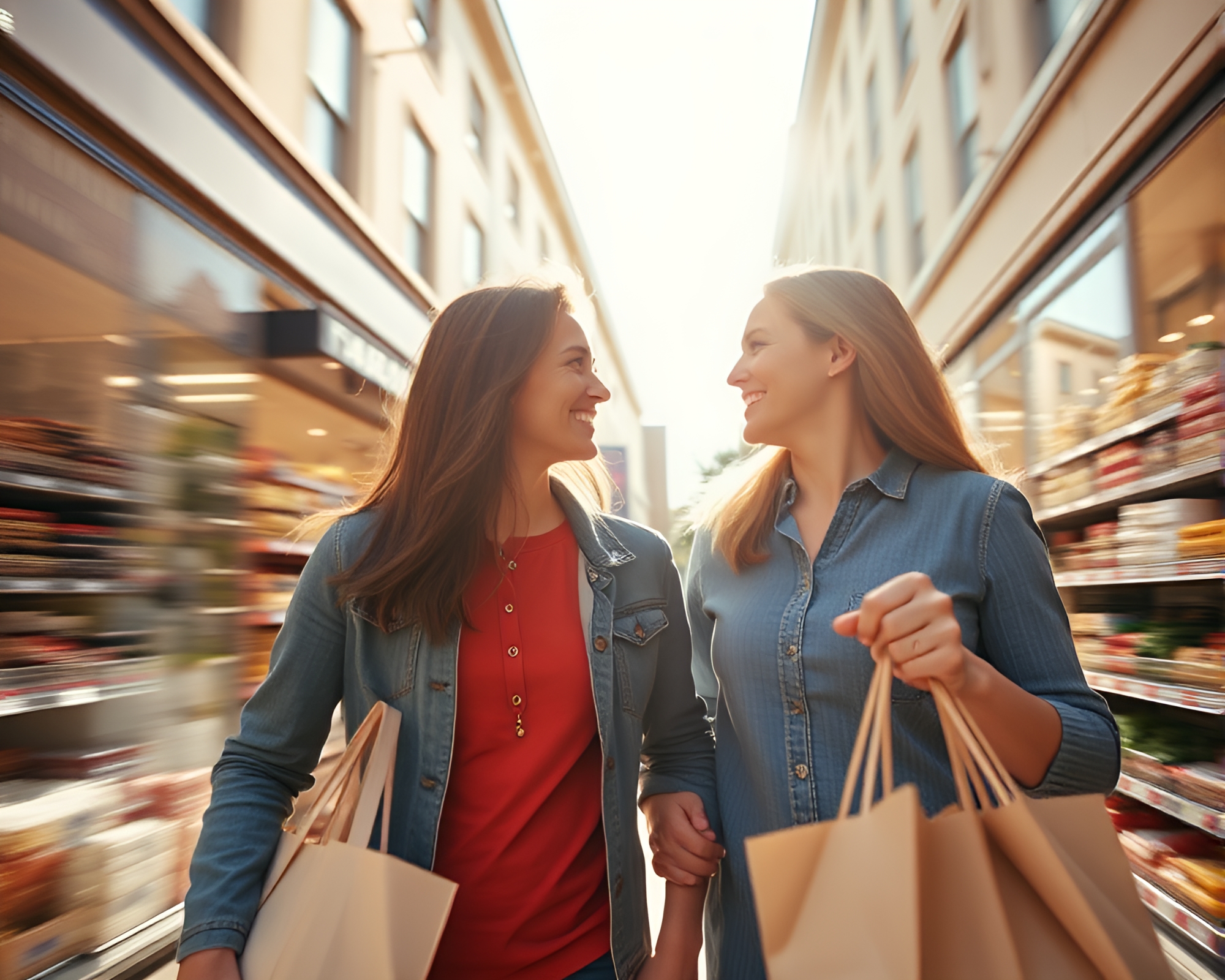 Sunny Couple Grocery Shopping with Dynamic Motion Blur – free AI stock image