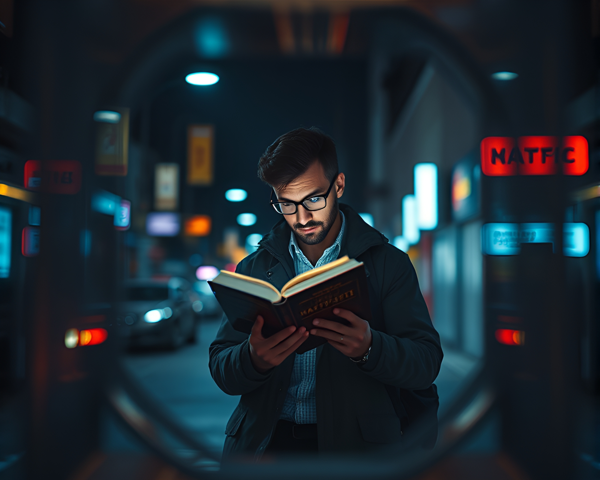 Neon Street Photographer Reading Book in Framed Darkness – free AI stock image