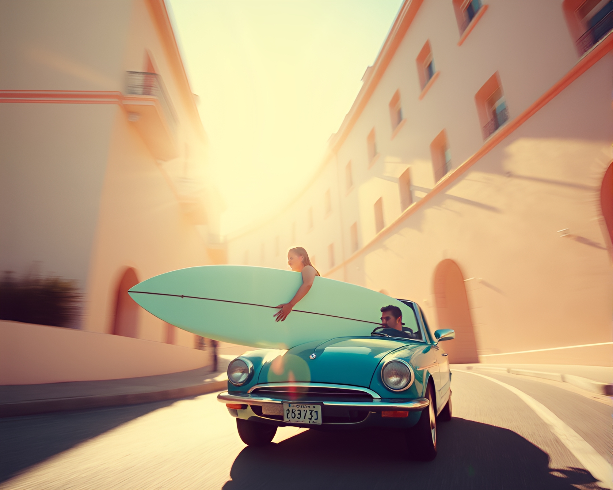 Sun-kissed Surfer: Backlit Beach Drive with Pastel Cityscape – free AI stock image