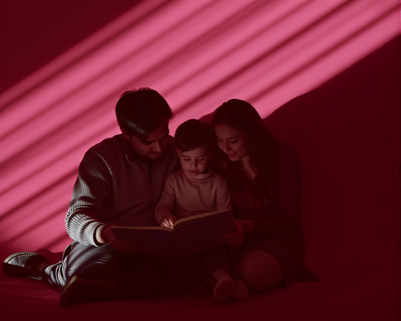 Dramatic and serene family reading a book in infrared