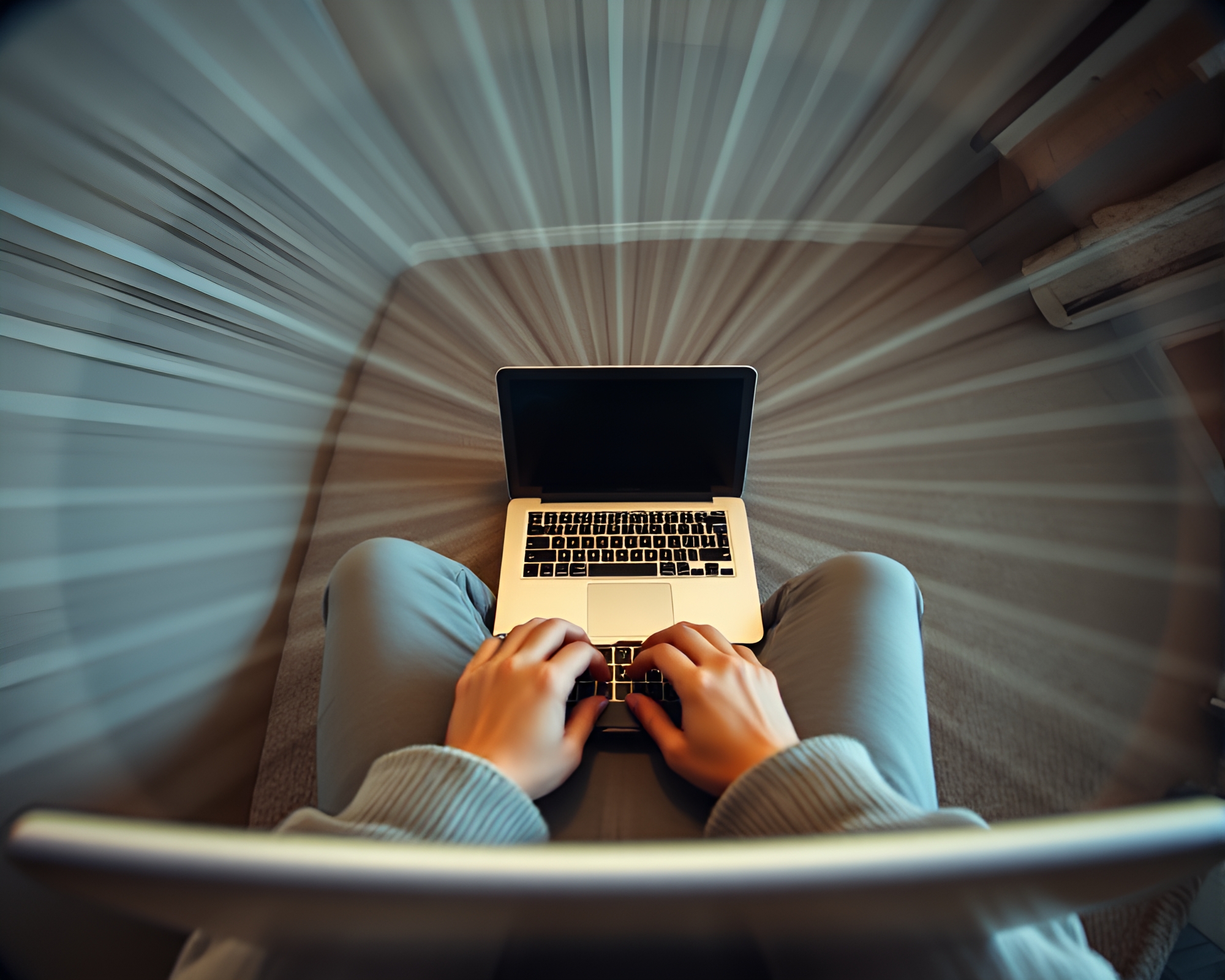 Intense Typing Session In Cozy Setting – free AI stock image