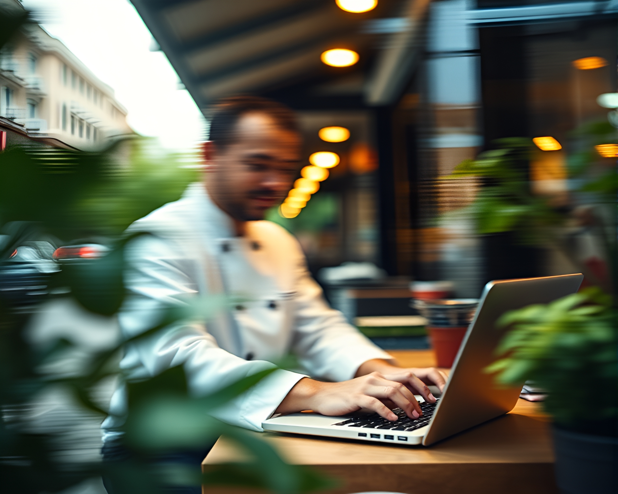 Chef Cooking Recipe on Laptop with Cozy Street Bokeh – free AI stock image