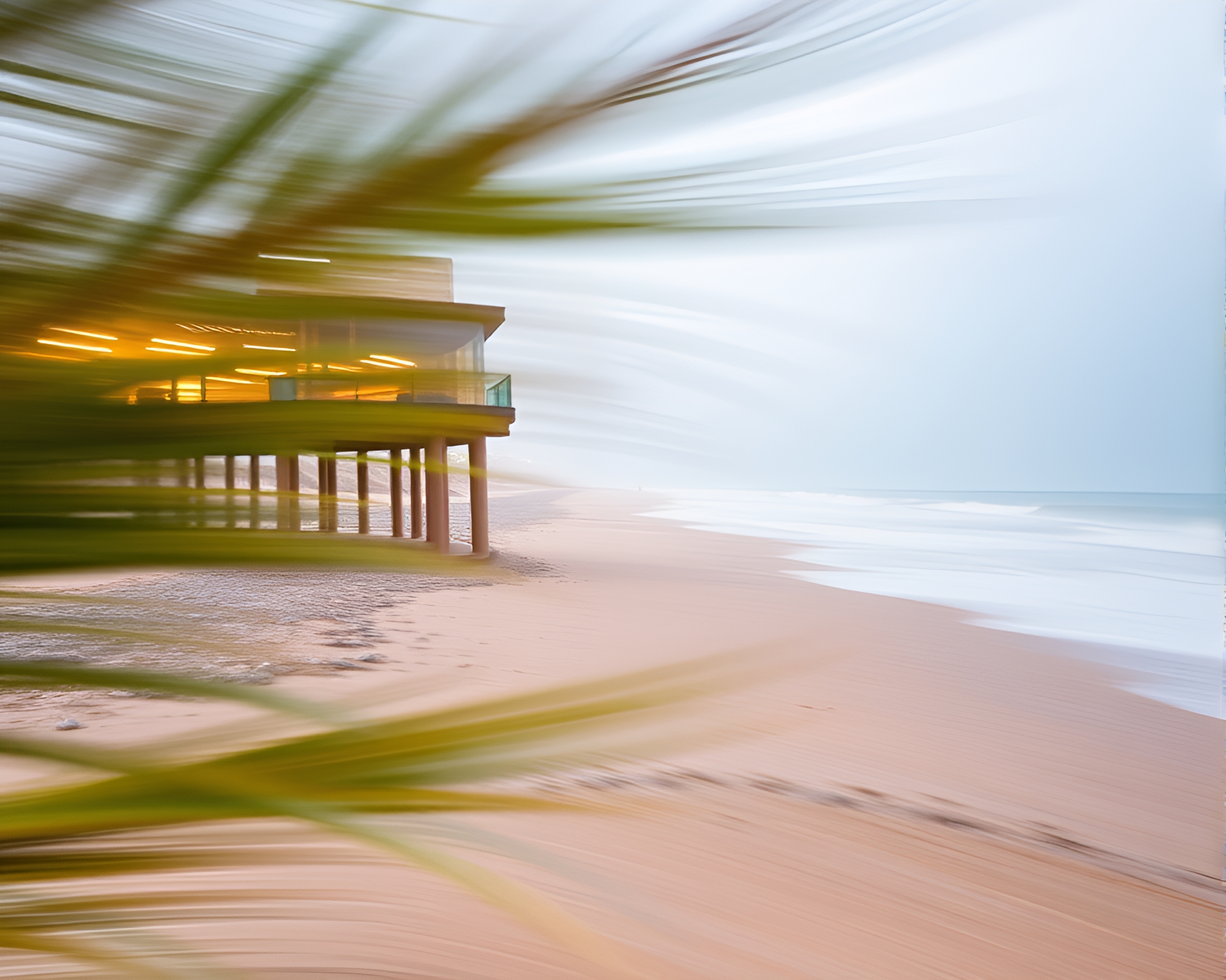 Windy Beach Shore Architecture: Reflective and Foggy – free AI stock image
