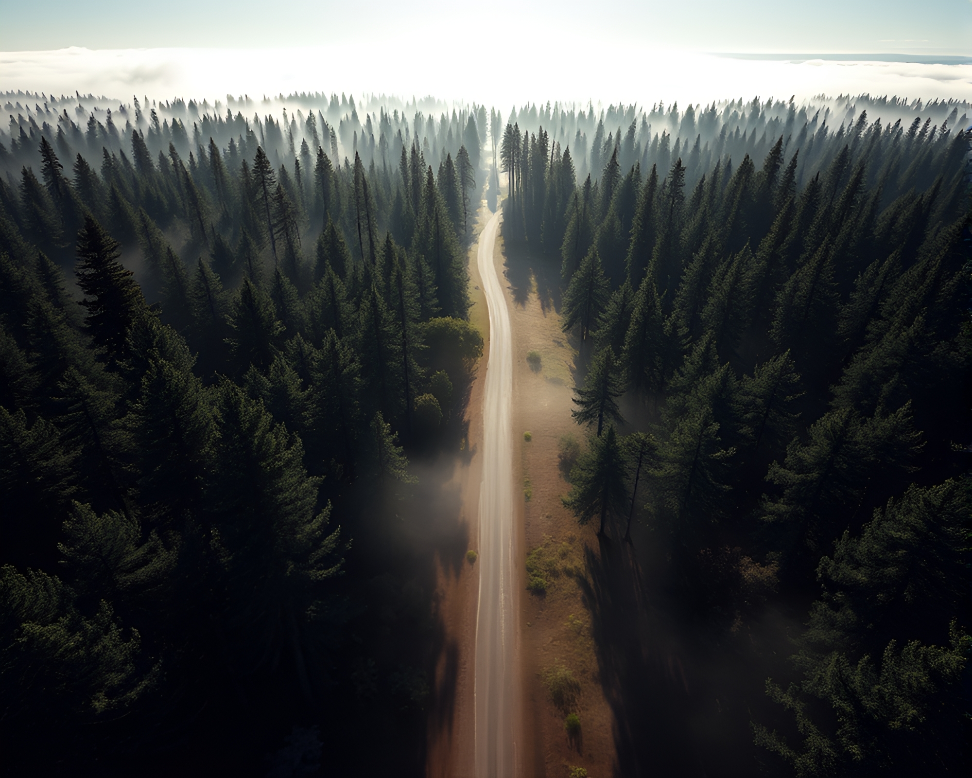Aerial Panoramic Sunlit Foggy Forest Path – free AI stock image