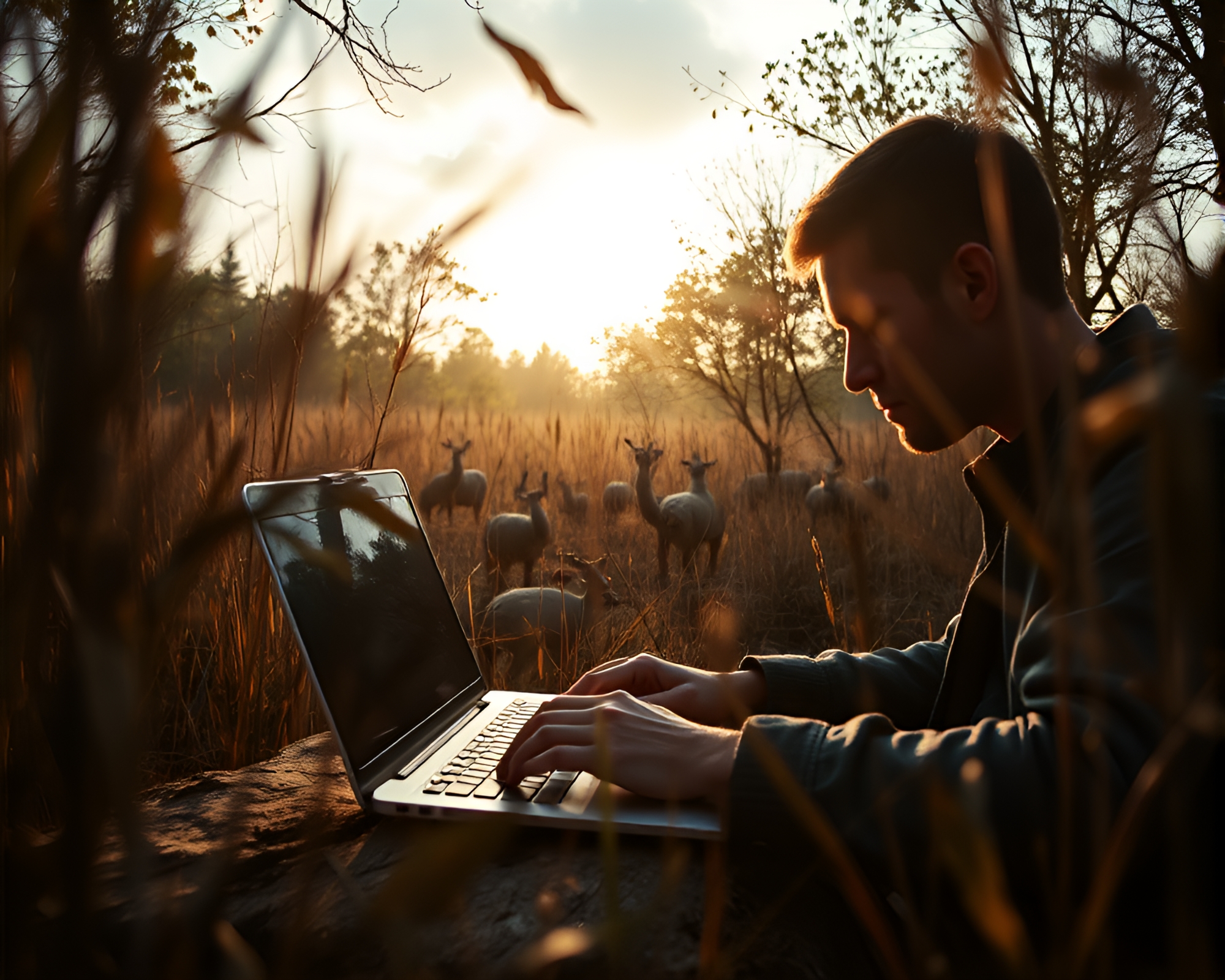 Gritty Wildlife Photographer Captures Man Typing Outdoors – free AI stock image