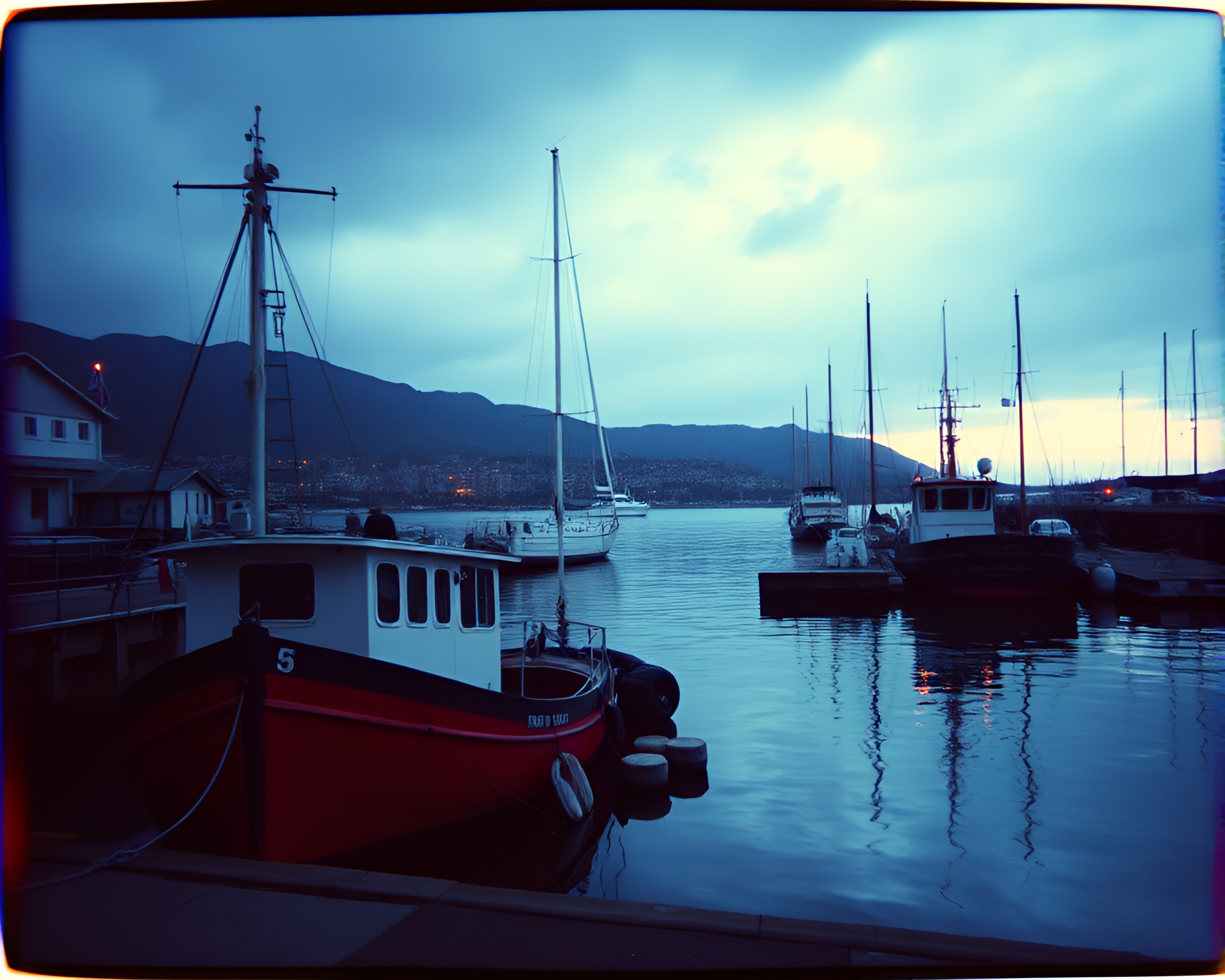 Enigmatic Stormy Harbor: Polaroid Scene with Bright Contrasts – free AI stock image