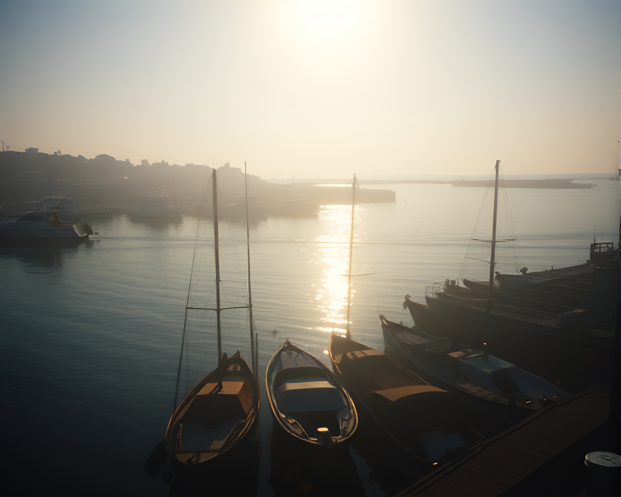 Mystical Harbor: Sunlit Long Exposure Film Grain Drone Shot – free AI stock image