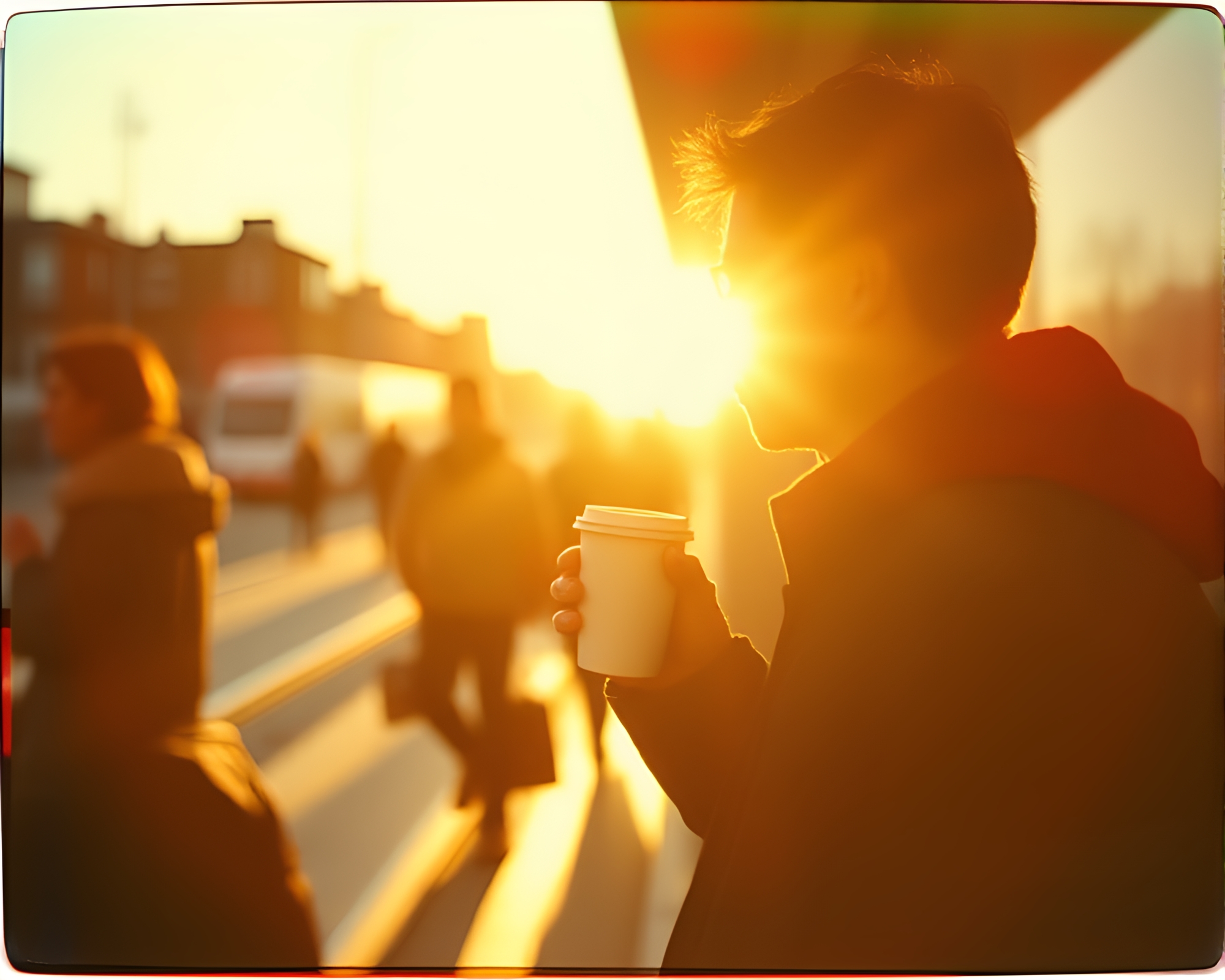 Silhouetted commuter sips coffee in vibrant rim lighting – free AI stock image
