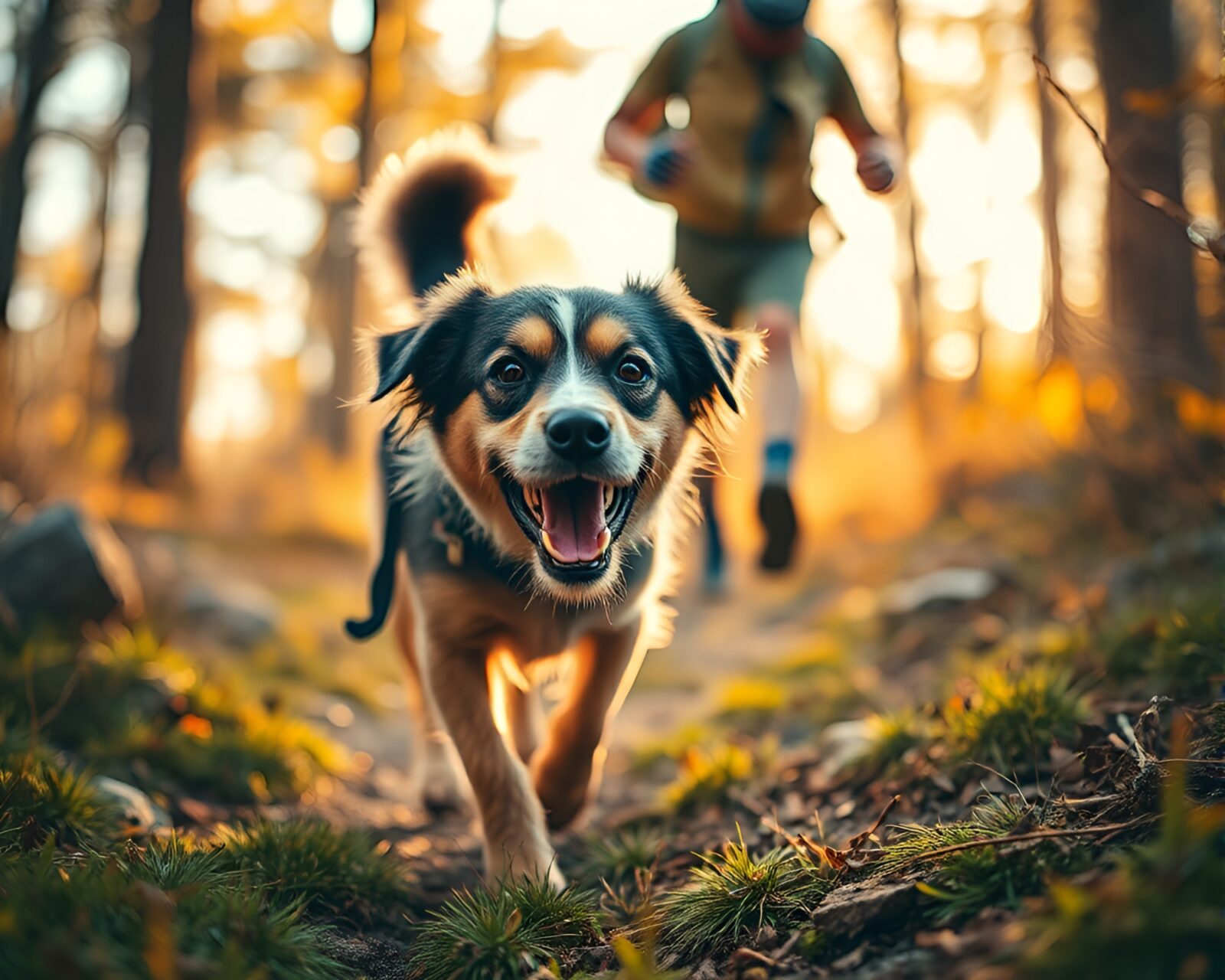 Colorful macro photo of hiker and dog in textured chaos