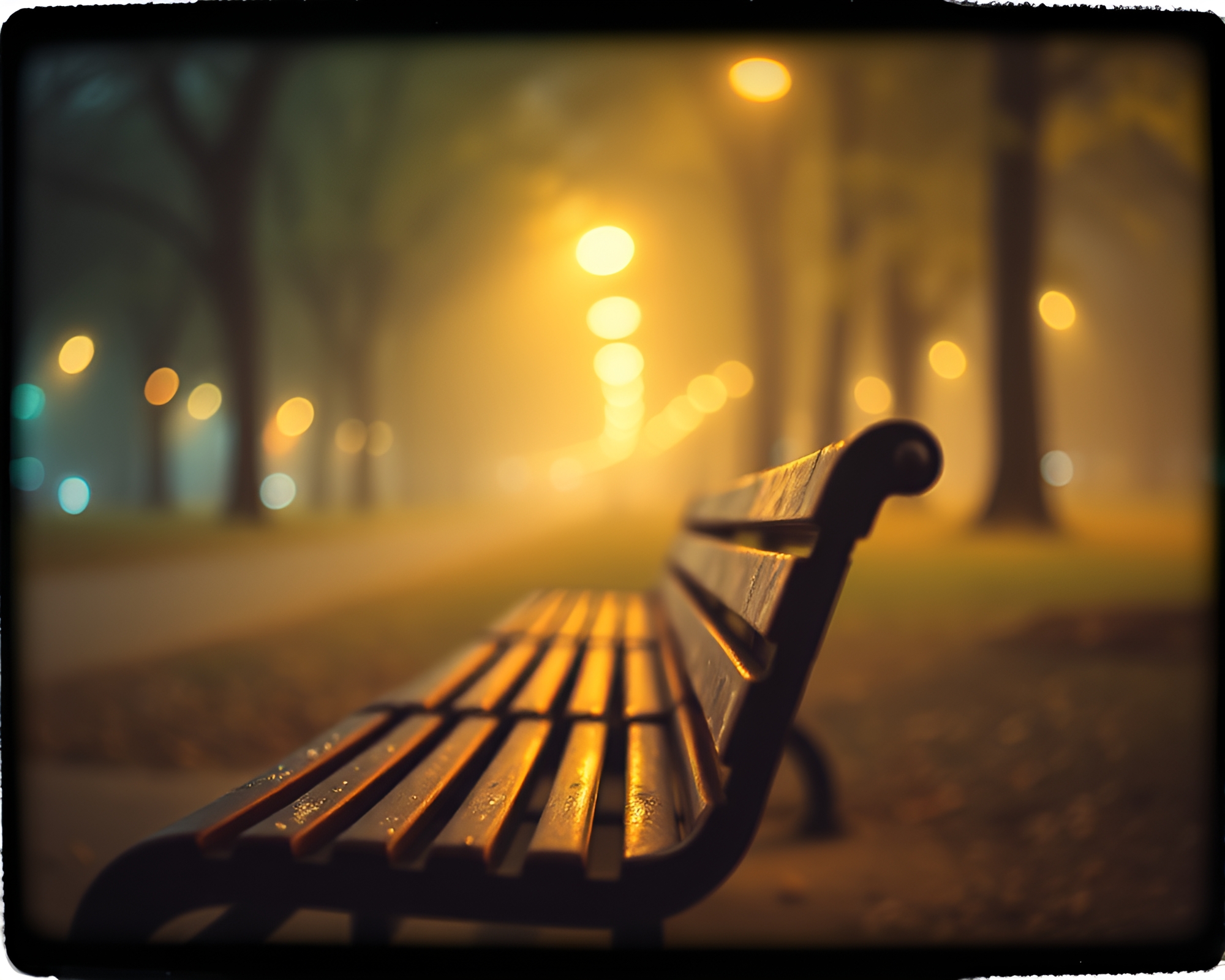 Misty Park Bench in Gritty Polaroid Style – free AI stock image
