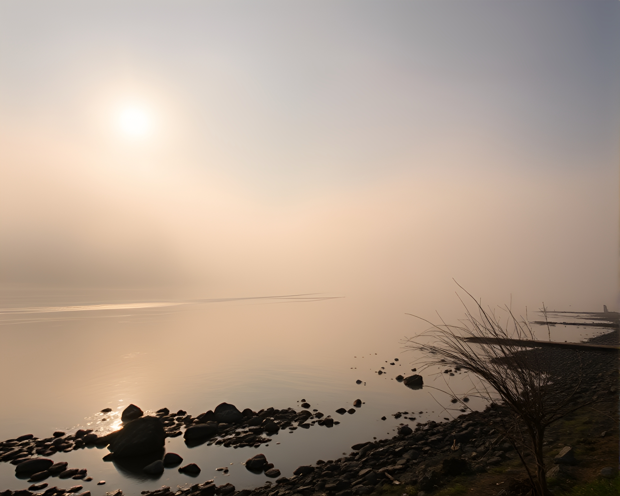 Foggy Riverbank Sunset Silhouette with Motion Blur – free AI stock image