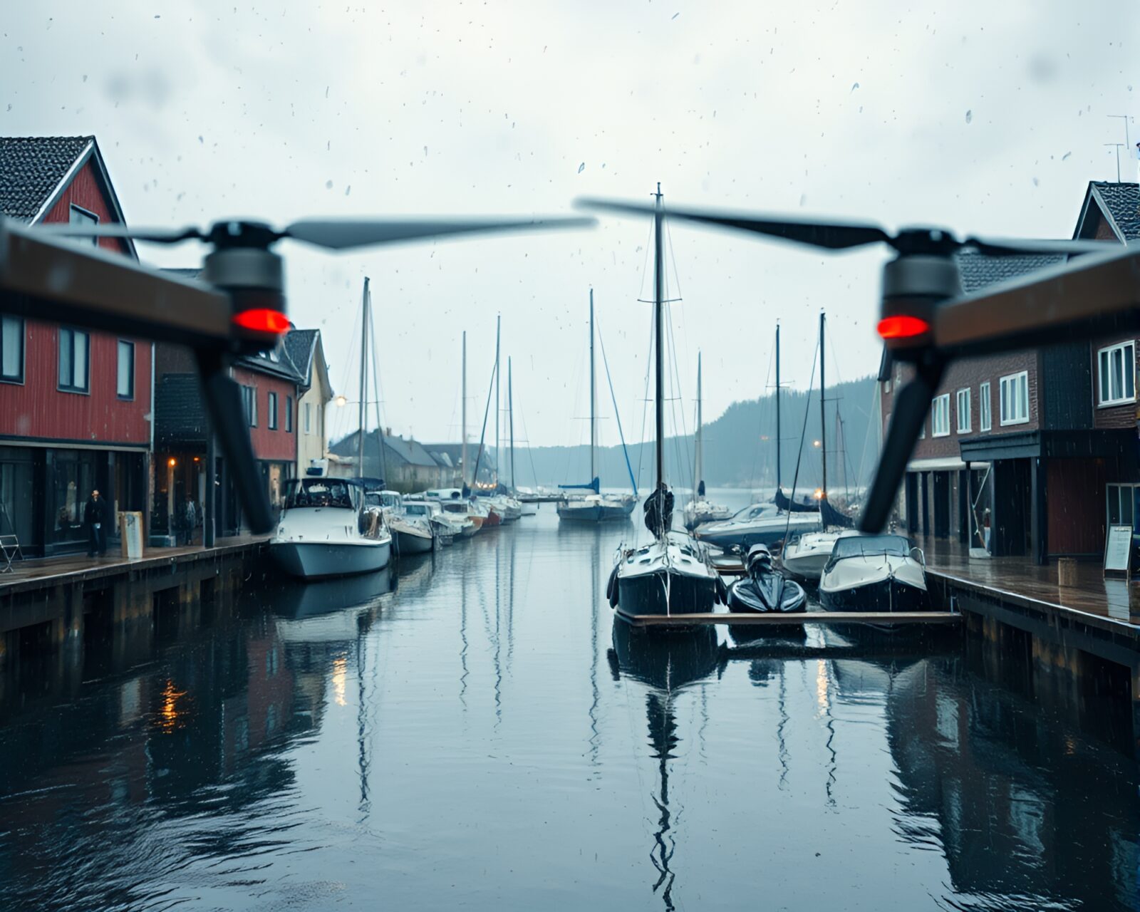 A romantic harbor scene captured by a drone in the rain with reflections