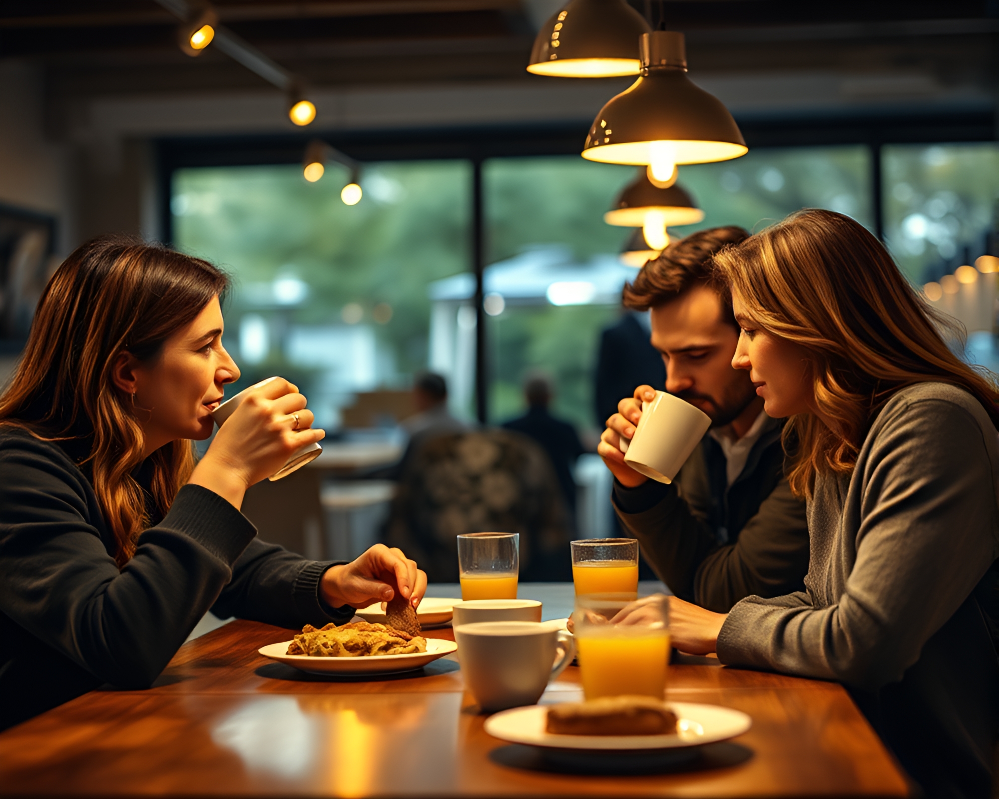 Cozy Family Coffee Time under Hard Light Pattern – free AI stock image
