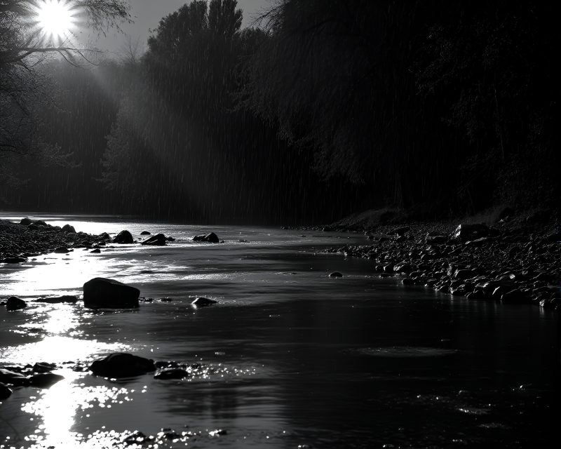 Rainy Riverbank Dream: Black & White Backlit HDR Merge – free AI stock image