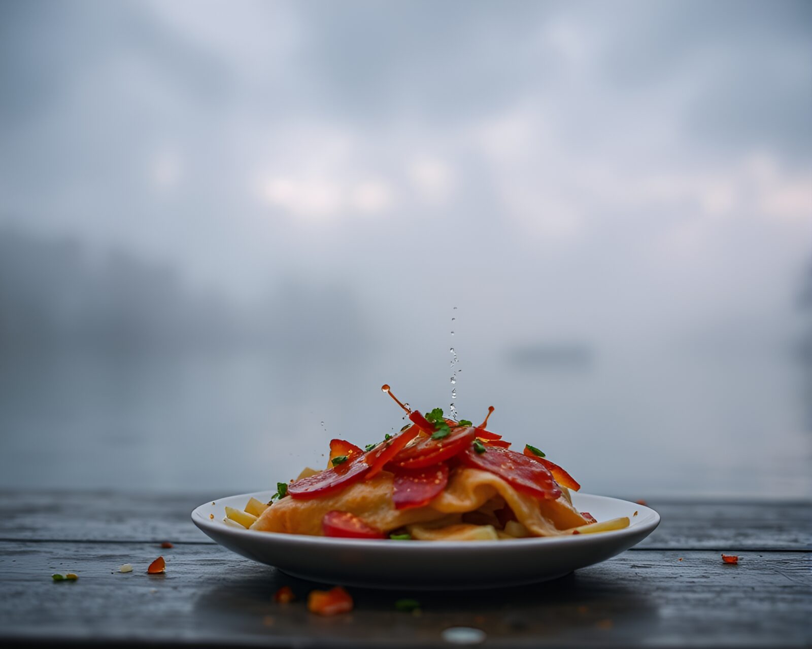 Foggy lakeside view with colorful food focus