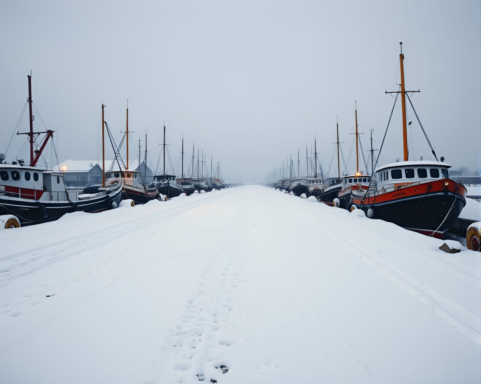 Wide-angle shot of a snowy harbor with energetic mood
