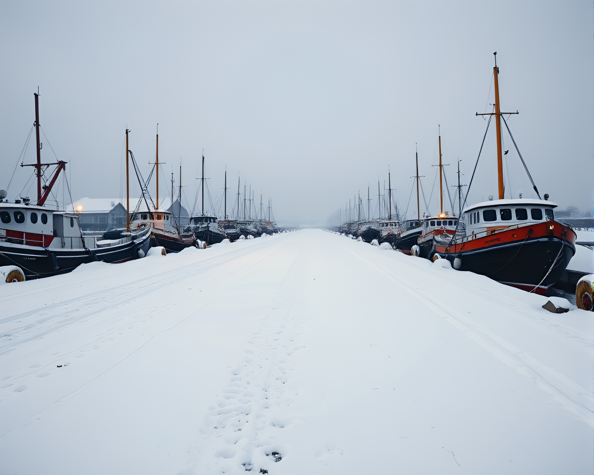 Snowy Harbor Dock Leading Lines Composition – free AI stock image