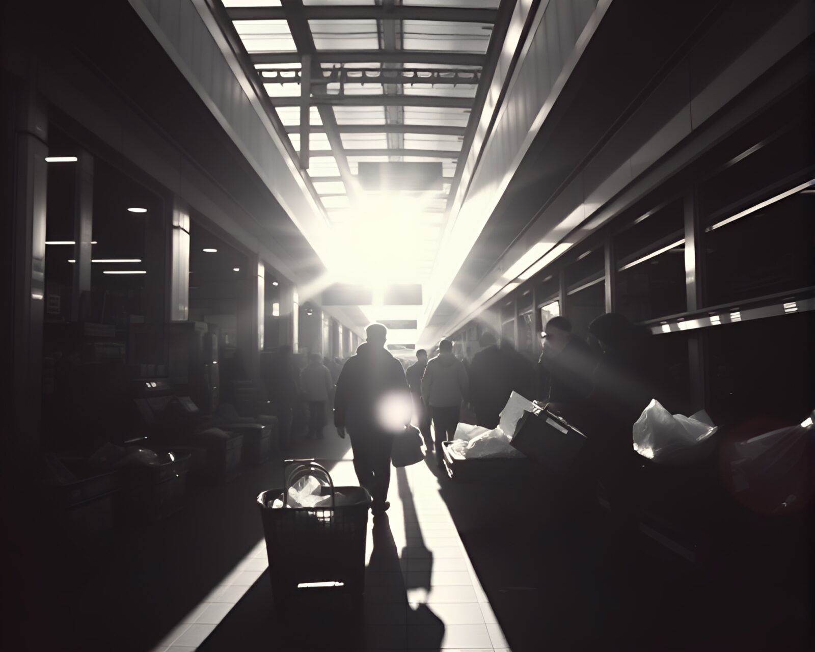 Sleek black and white scene of shoppers under futuristic lights