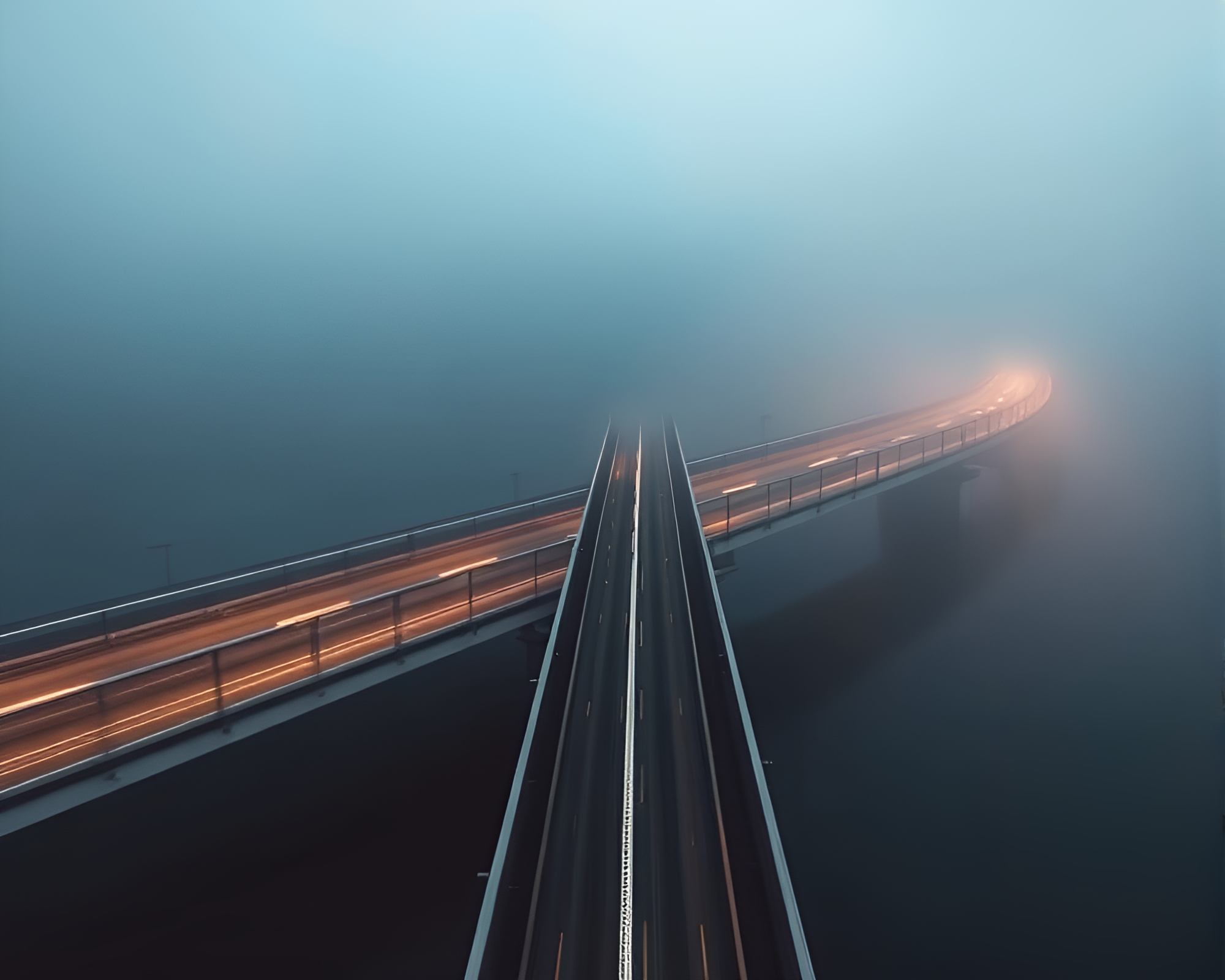 Foggy Bridge Crossing: High-Angle Panning Portrait – free AI stock image