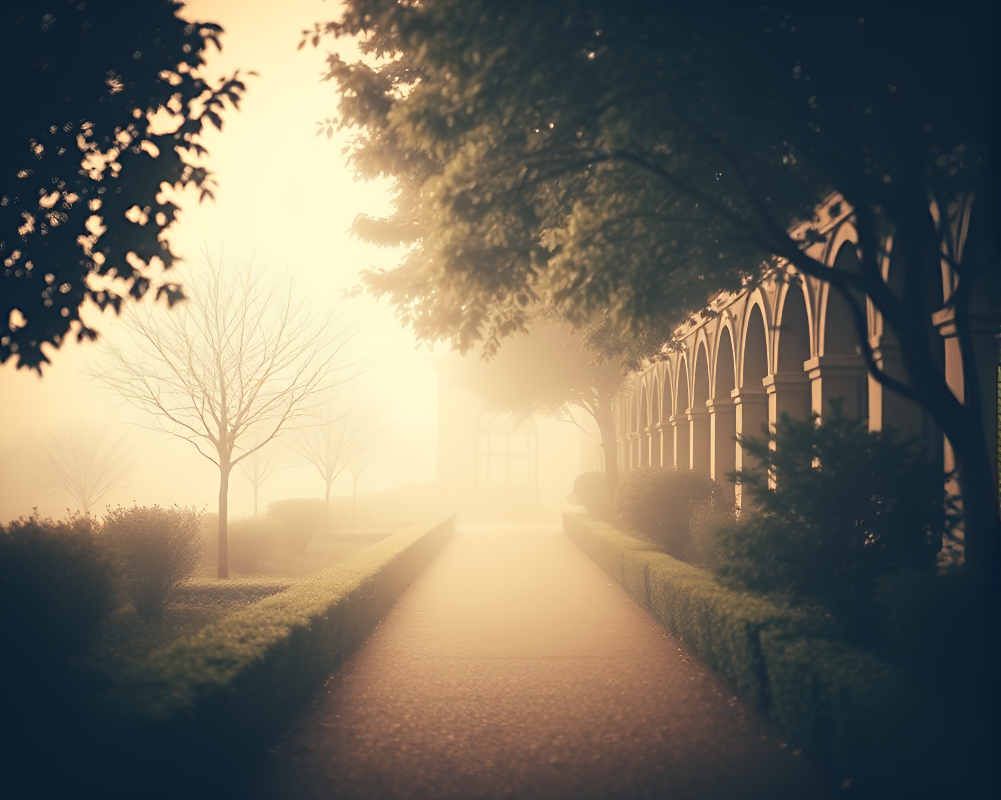 Sepia-Toned Garden Serenity: An Architectural Asymmetrical Balance – free AI stock image