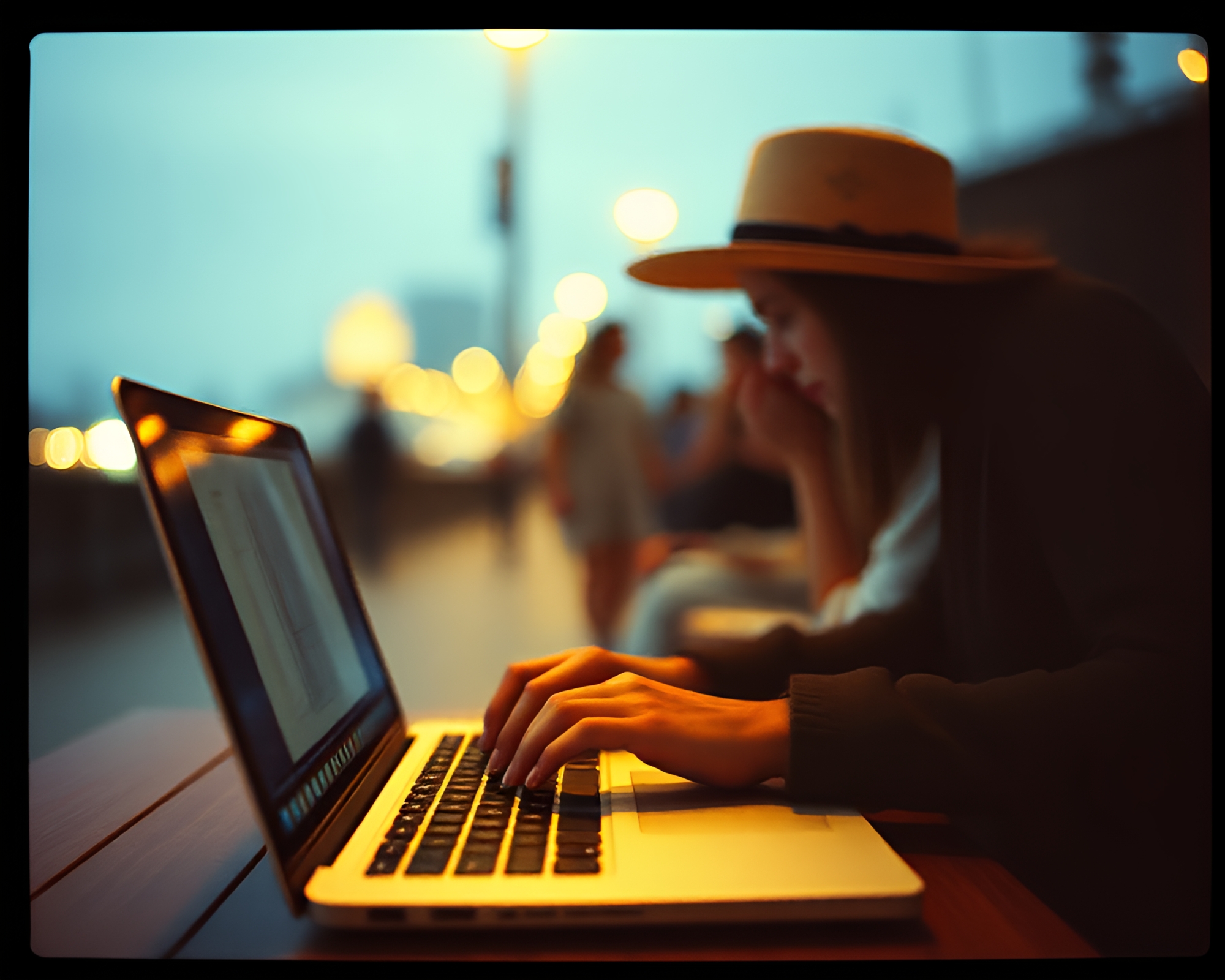 Tourist in Tranquil Night Scene with Long Exposure Film Grain Overlay – free AI stock image