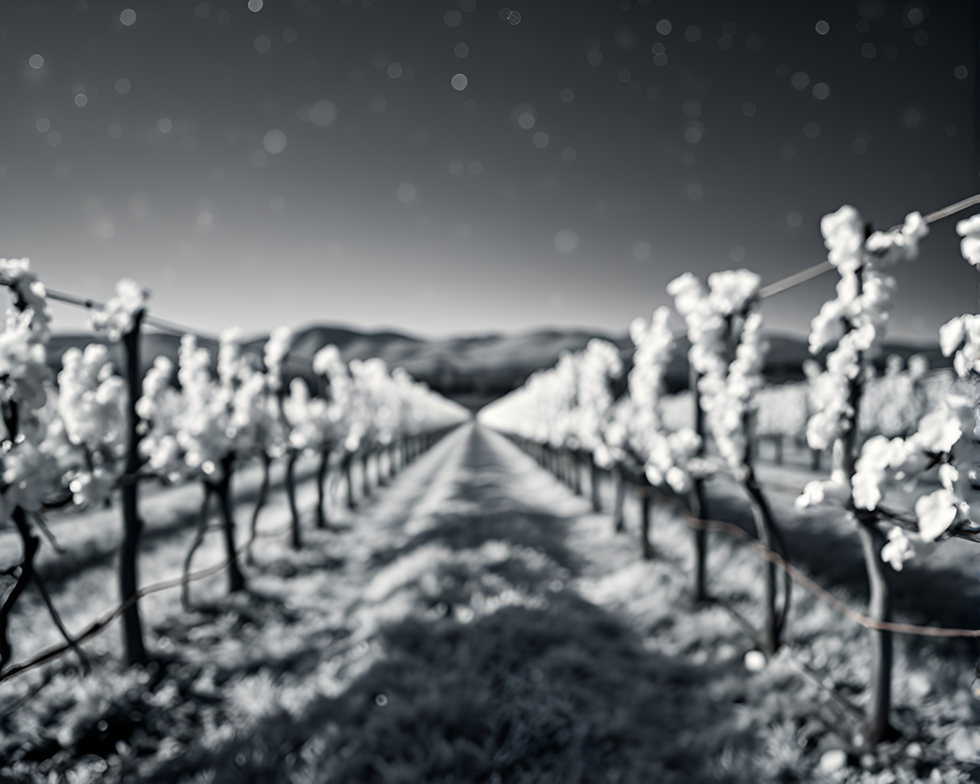 Starry Vineyard Rows: Minimalist Infrared Composition – free AI stock image