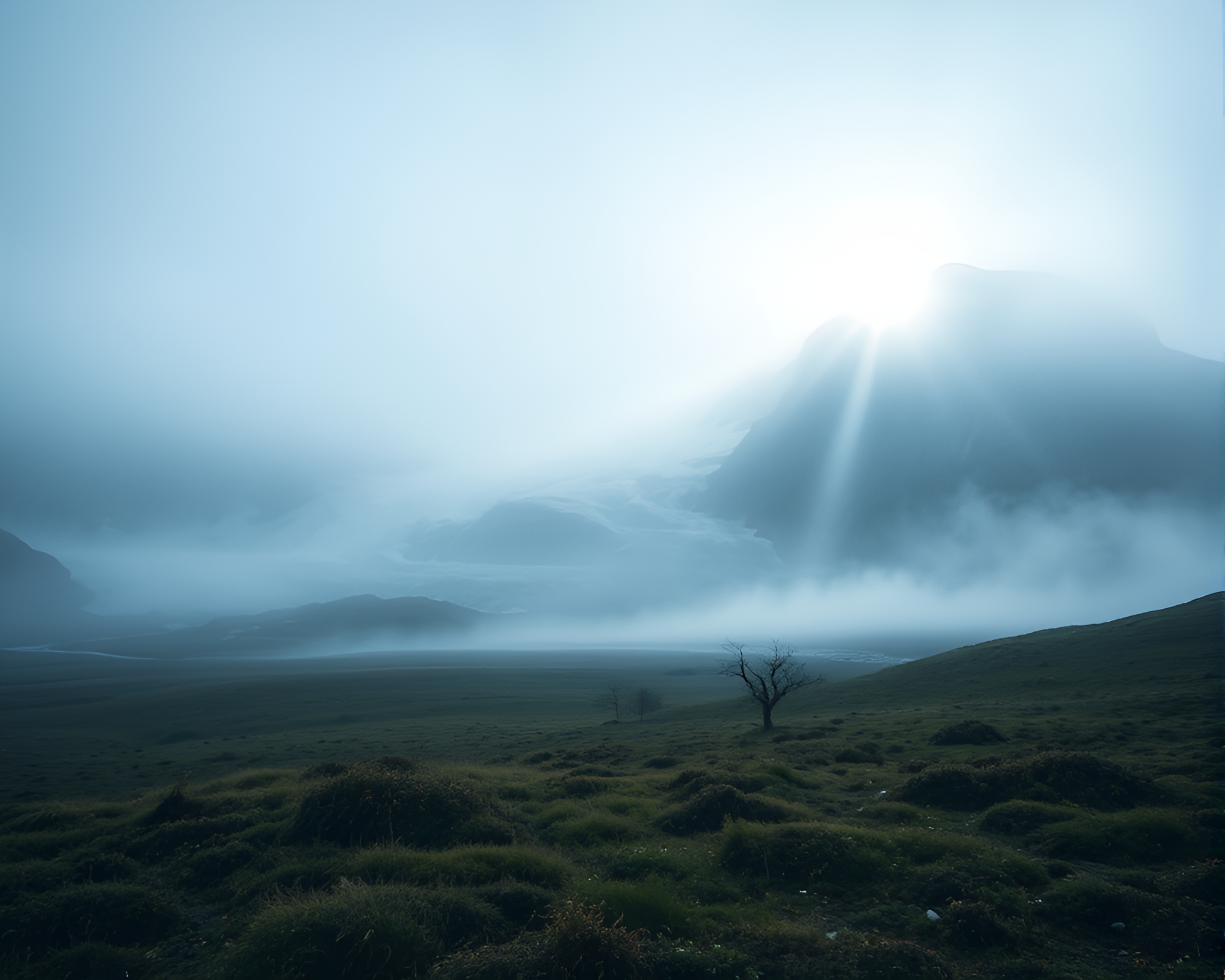 Misty Glacier Field with Long Exposure Lens Flare – free AI stock image