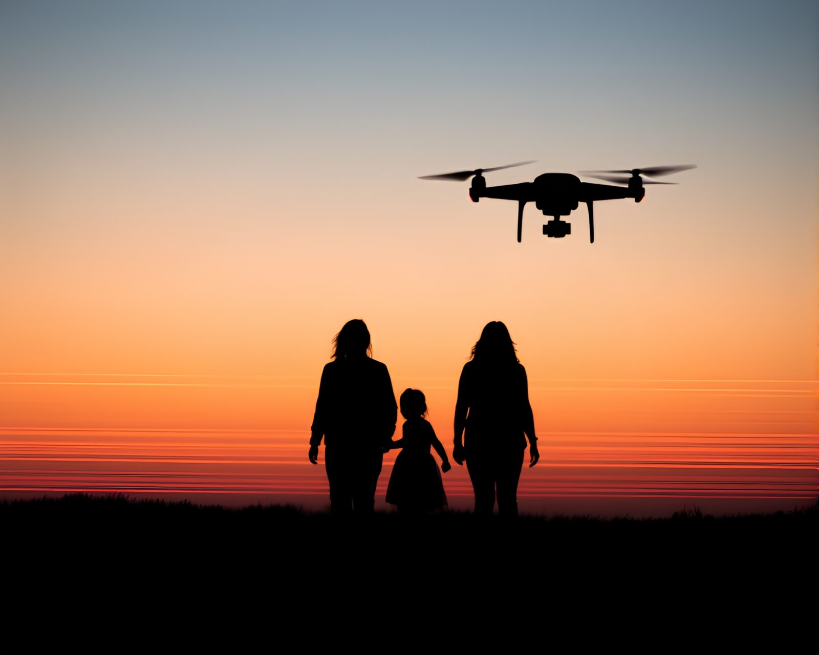 Ethereal long exposure image of family flying drone at sunset