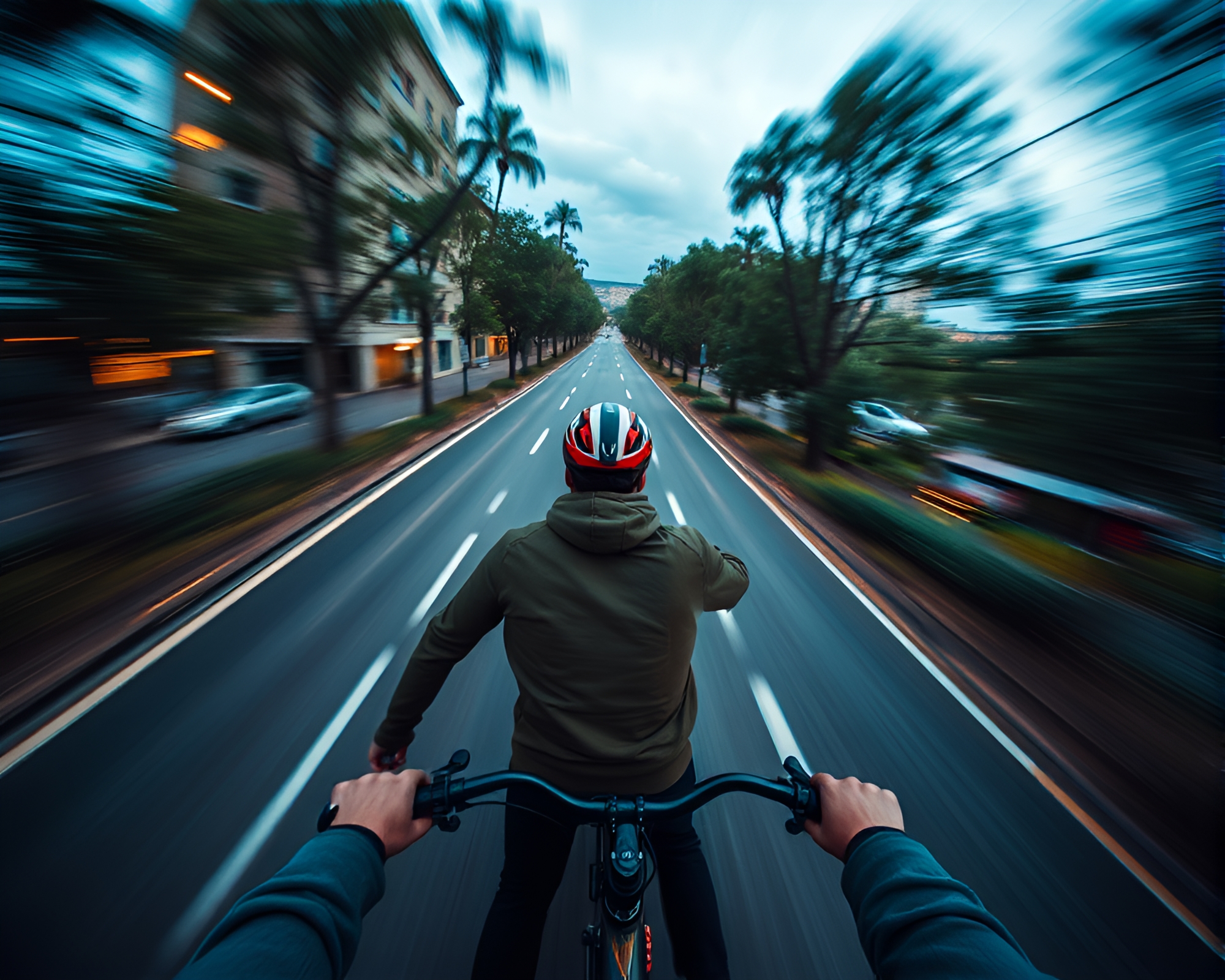 Aerial Bicyclist: Cozy & Intense Wide-Angle Motion Blur – free AI stock image