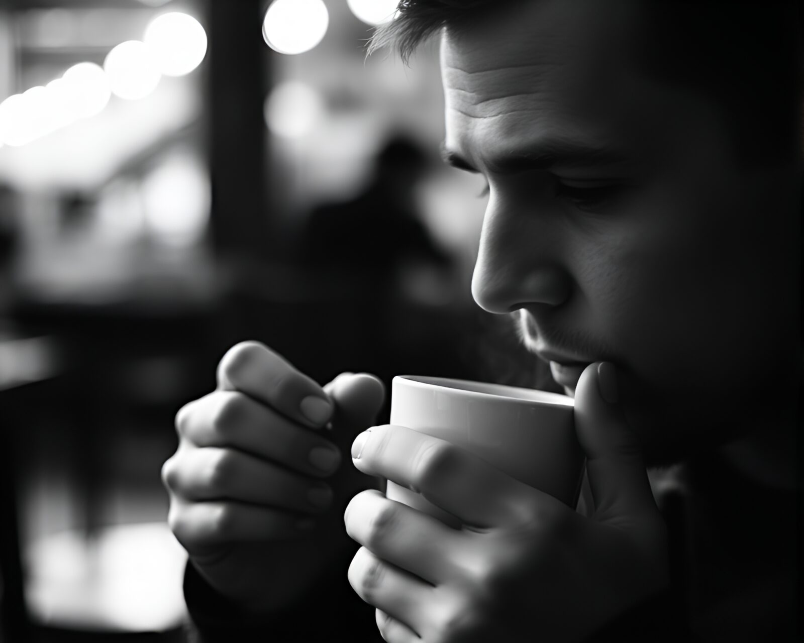 Person in hard focus sips coffee in cold, backlit setting.