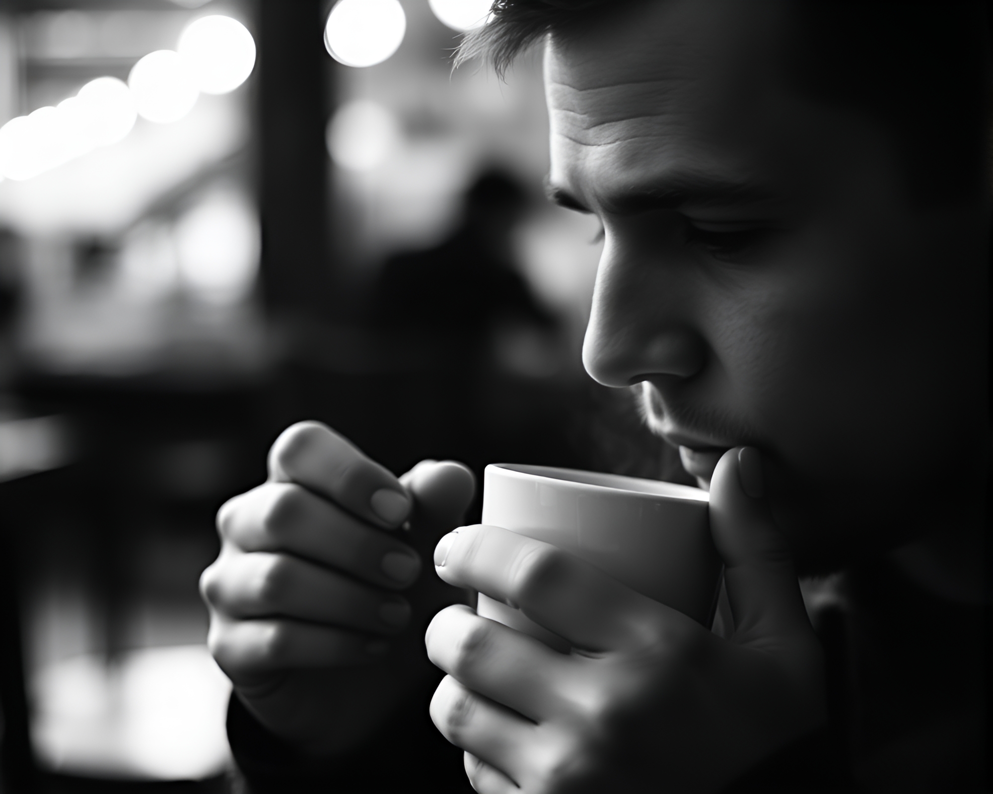 Intense Coffee Sip in Glimmering Monochrome – free AI stock image