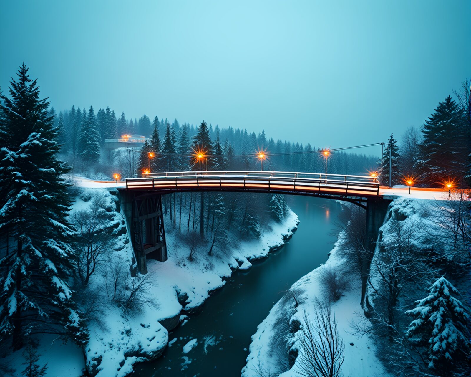 A serene winter scene of a bridge engulfed in soft light
