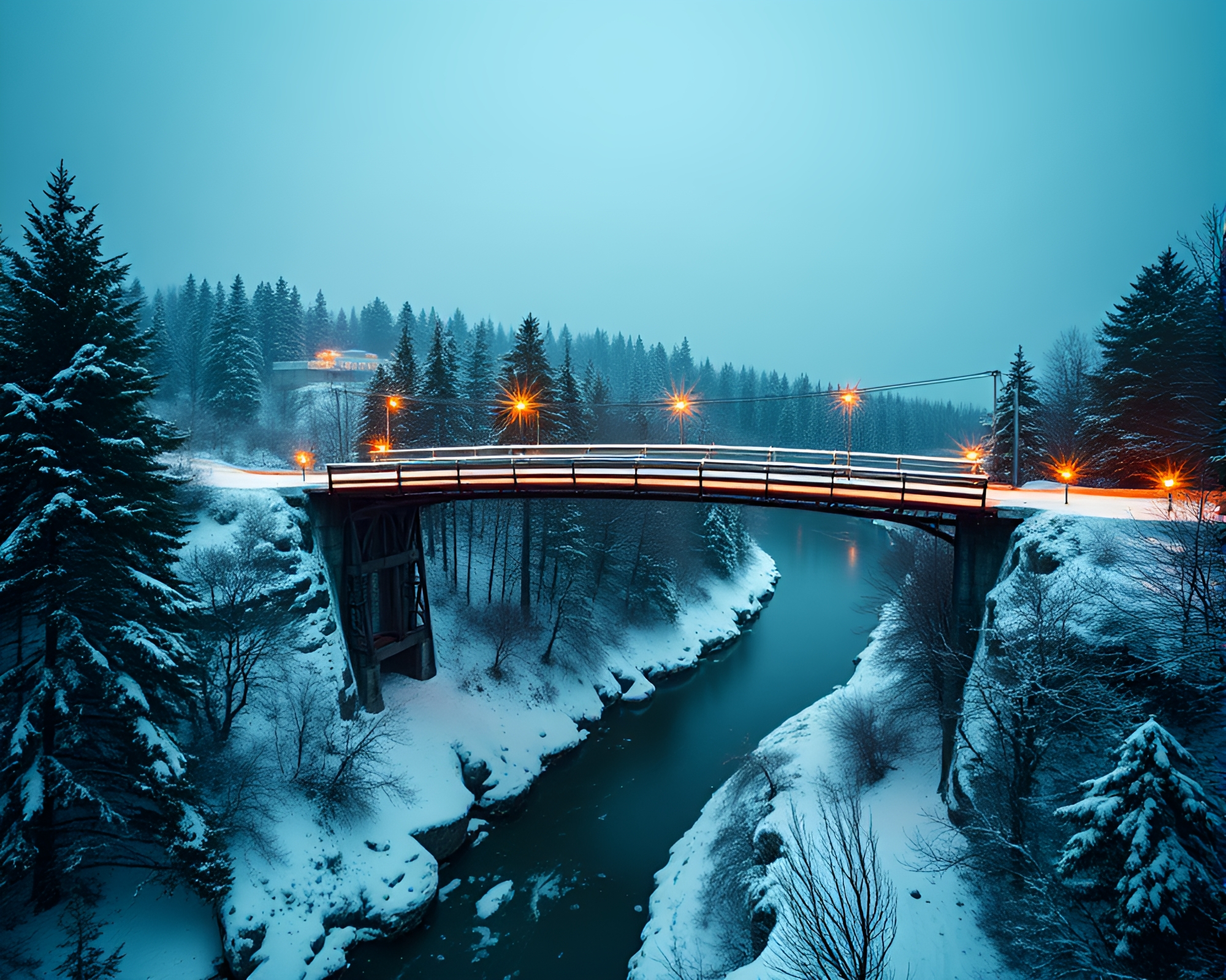 Snowy Bridge Crossing with Cozy Rim Lighting Focus – free AI stock image