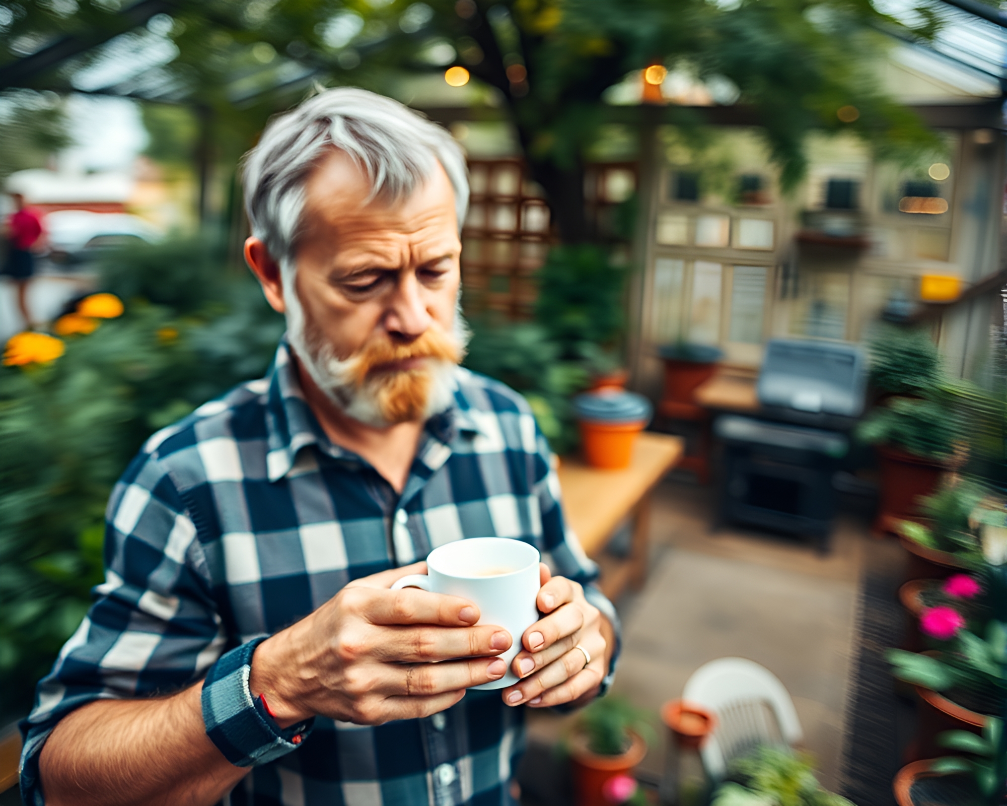 Gardener’s Coffee Break in Lush Maximalist Garden – free AI stock image