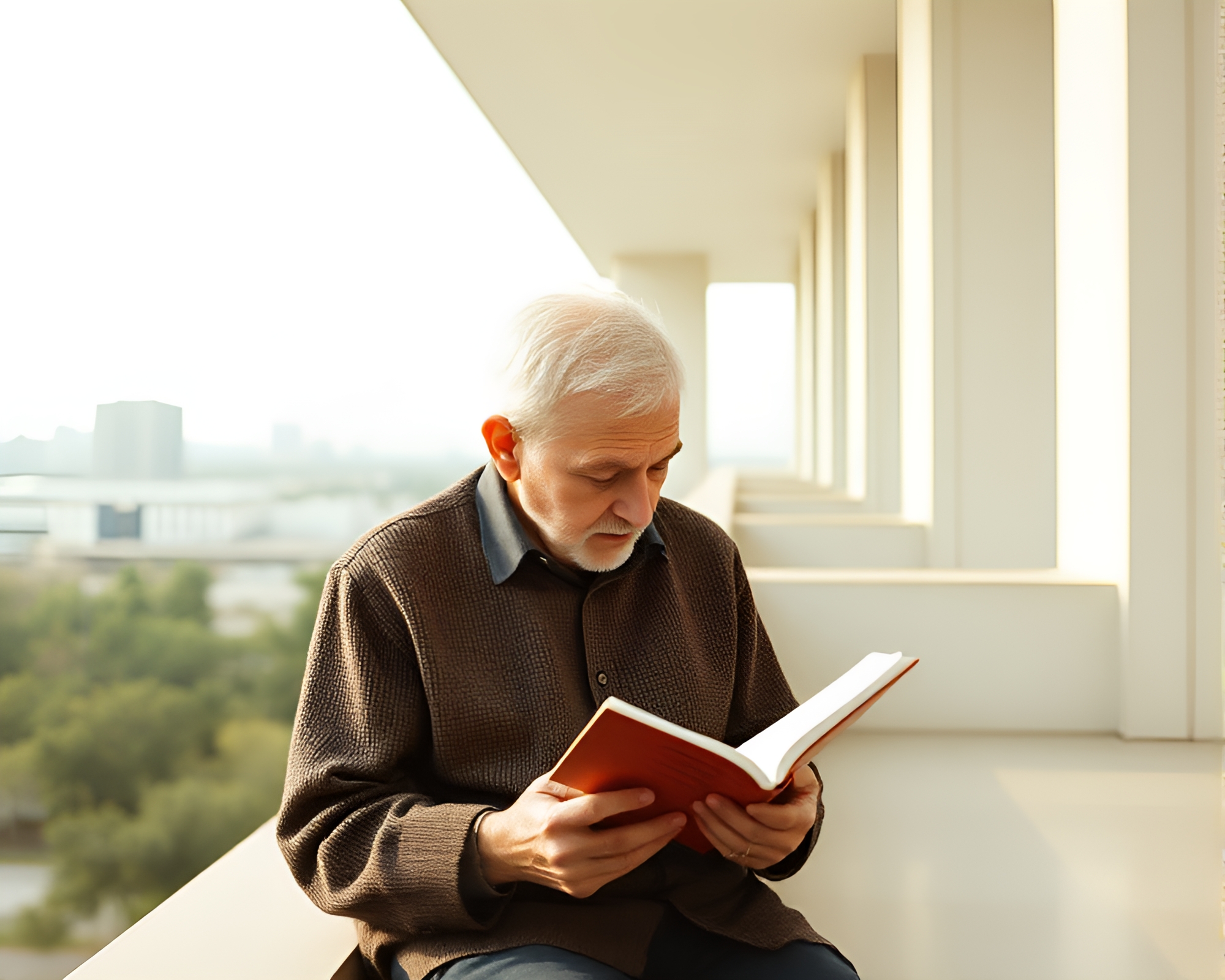 Elderly Gentleman Reading by Panoramic Architectural Window – free AI stock image