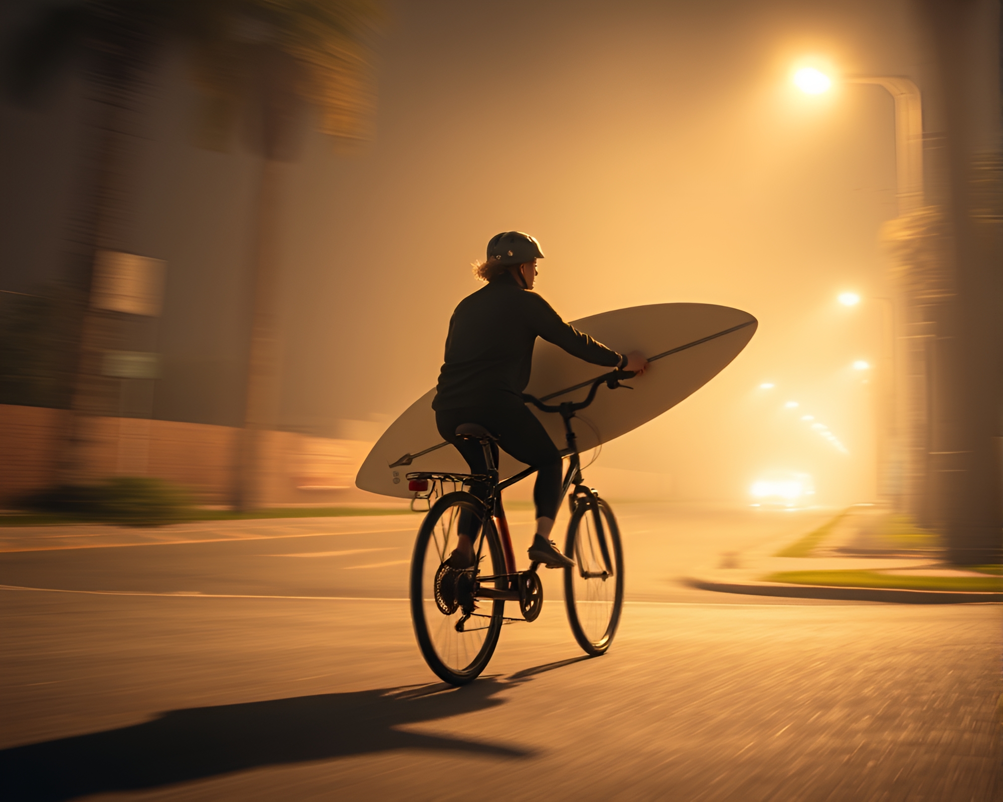Surfer Cyclist at Sunset: A Nostalgic Fusion – free AI stock image