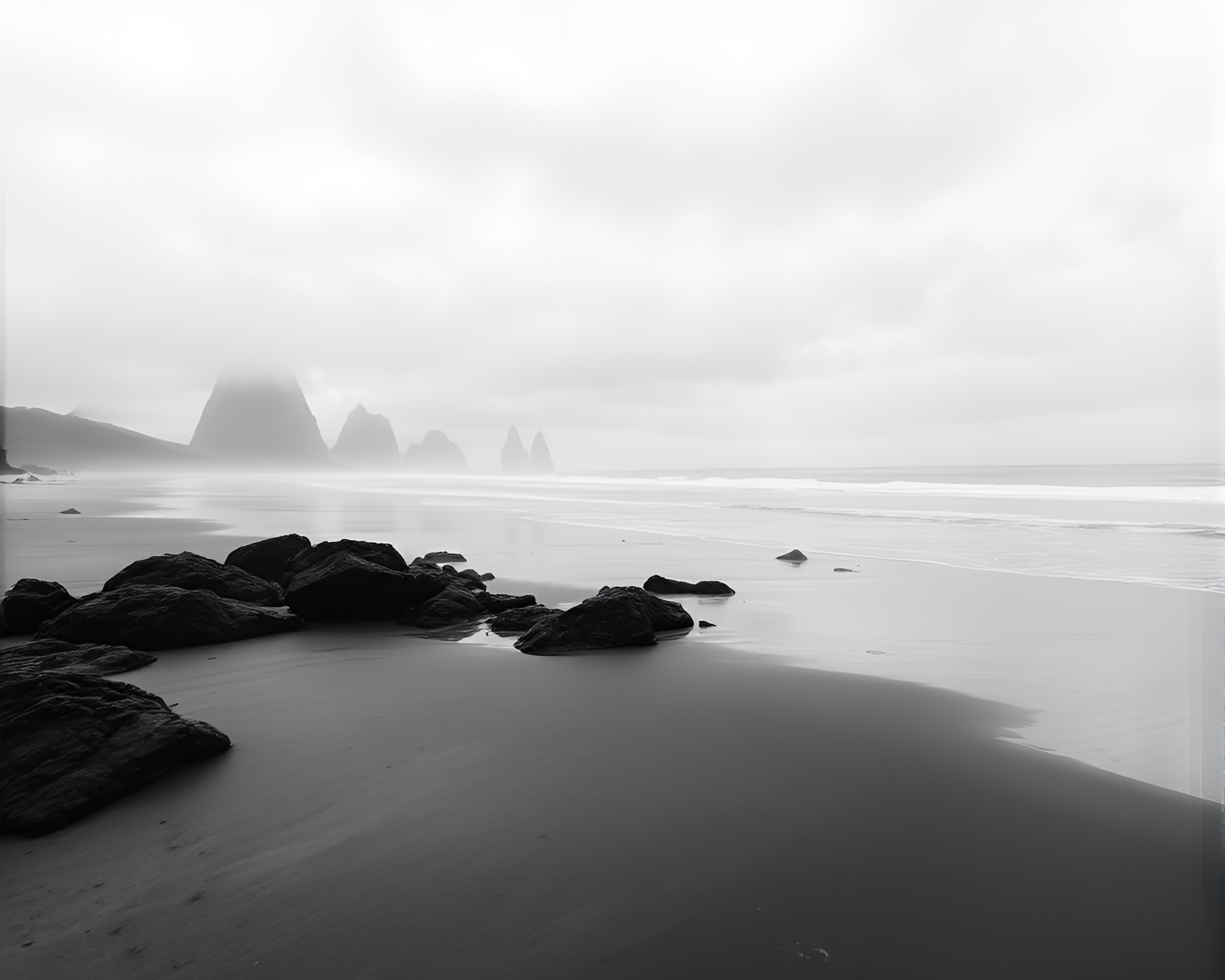 Telephoto Double Exposure: Futuristic Monochrome Beach – free AI stock image