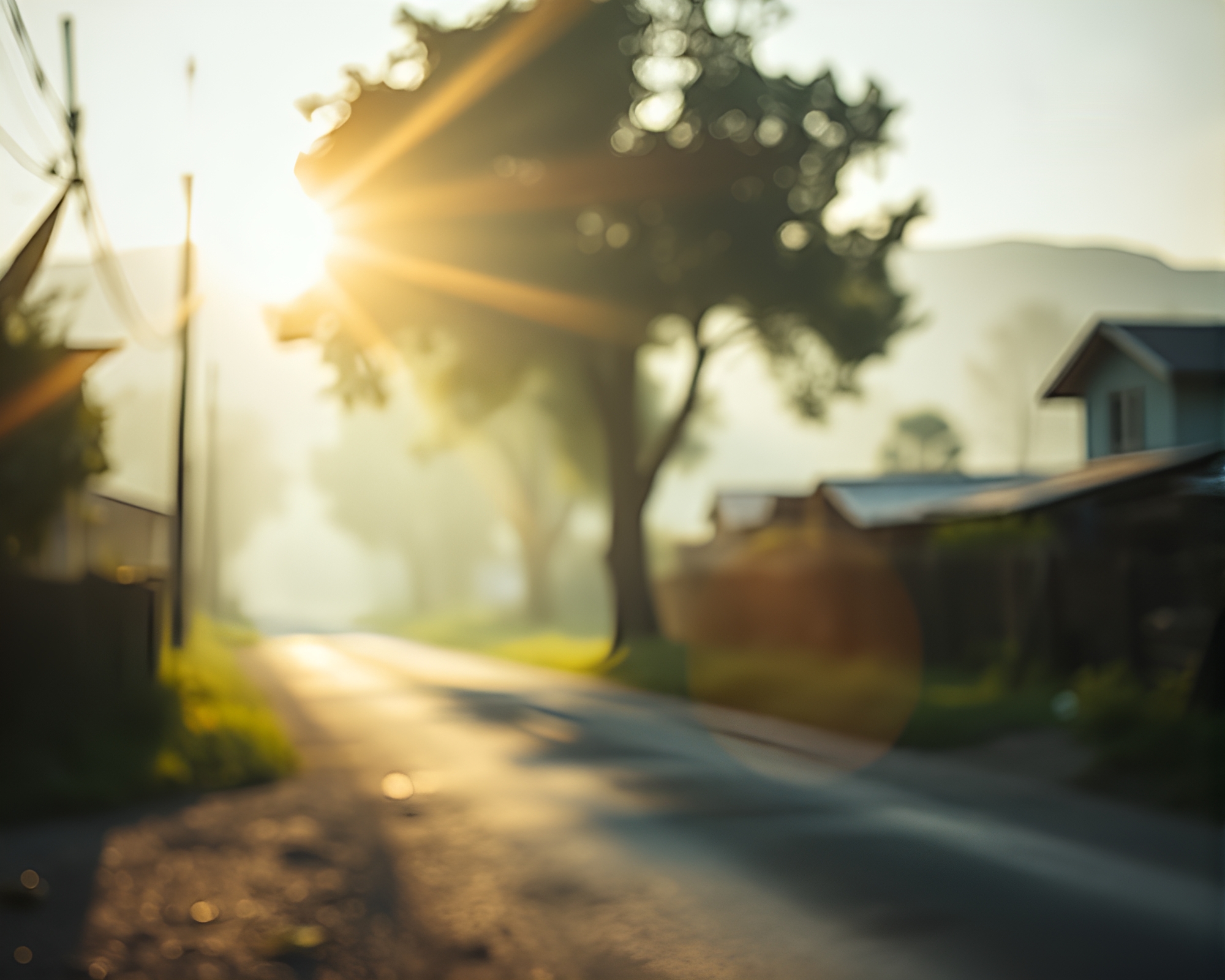 Misty Rural Serenity with Lens Flare Highlight – free AI stock image