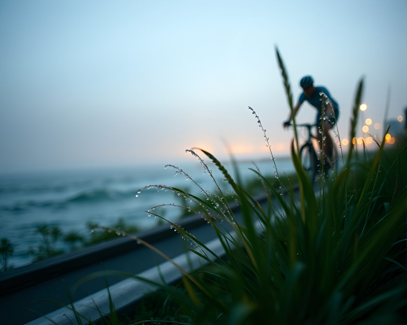 A cyclist tending to plants as light filters through leaves.