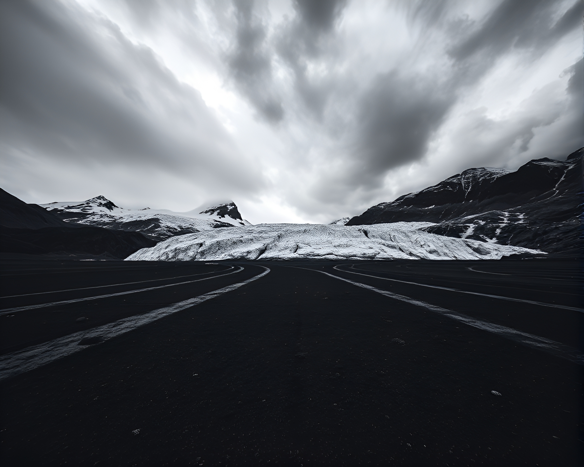 Stormy Glacier Field: Gritty Monochrome Perspective – free AI stock image