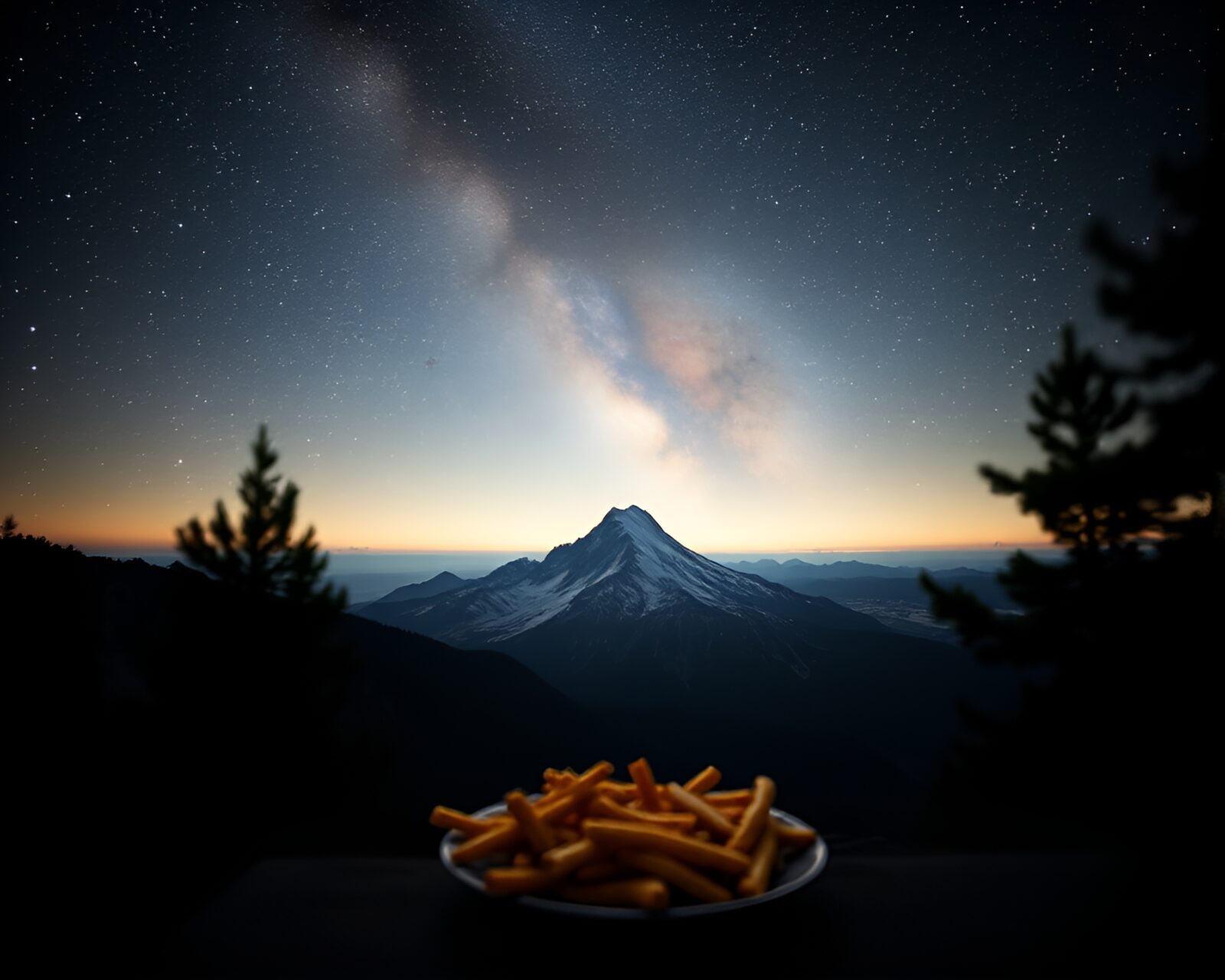 Wide-angle frame of glowing mountain peak under starry sky