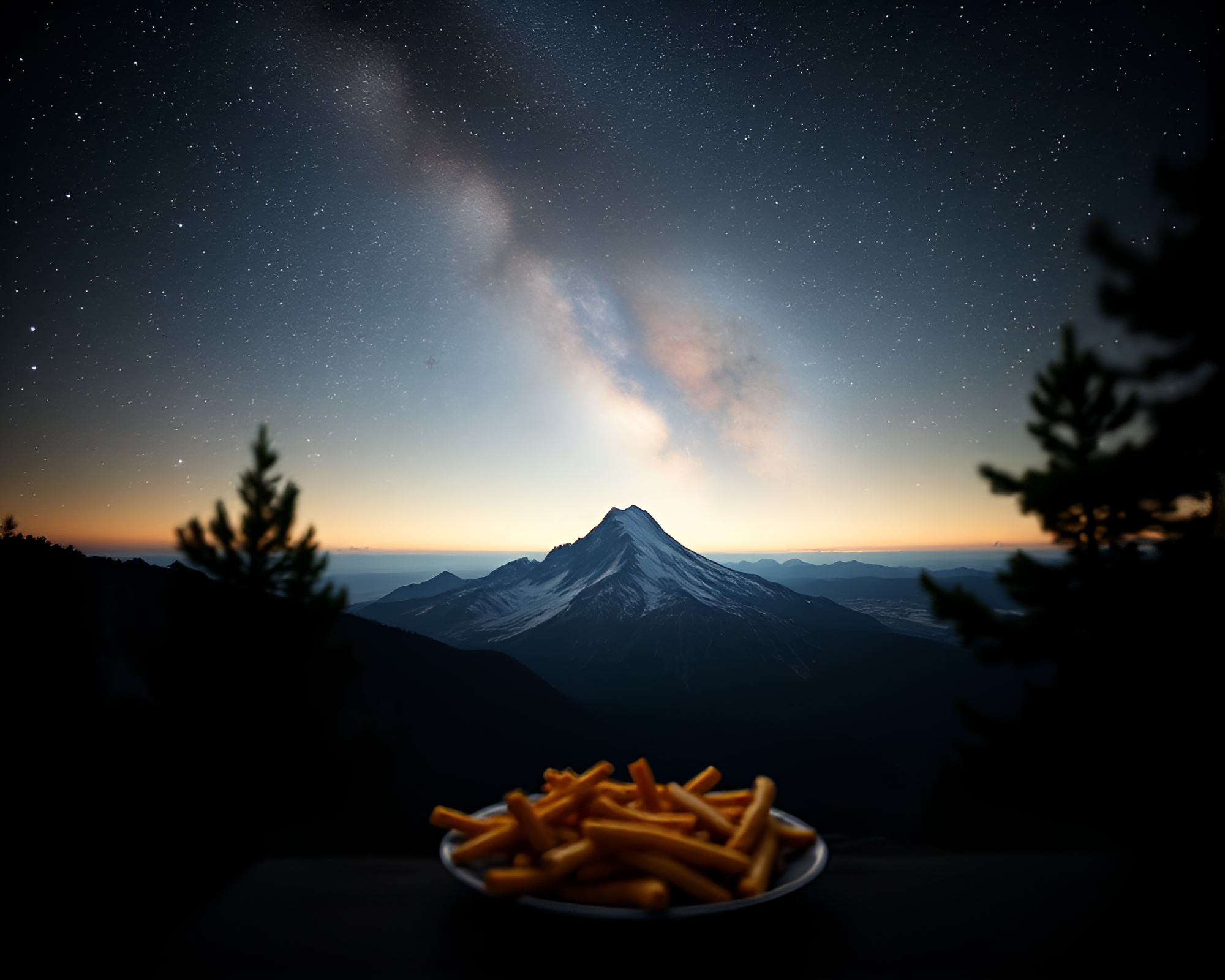 Ethereal Starlit Mountain Peak Framed in Luminescent Glow – free AI stock image