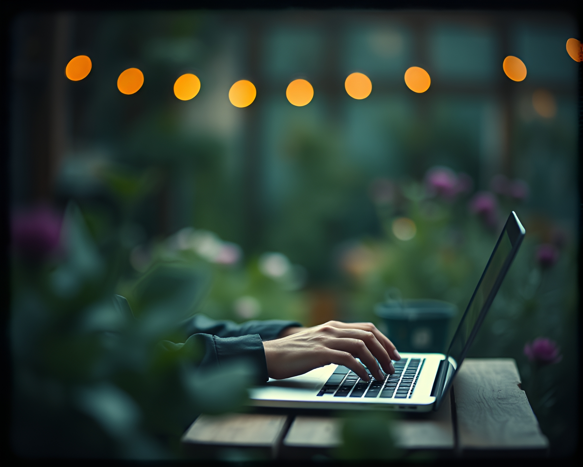 Gardener’s Digital Oasis: Typing Among Ethereal Blooms – free AI stock image