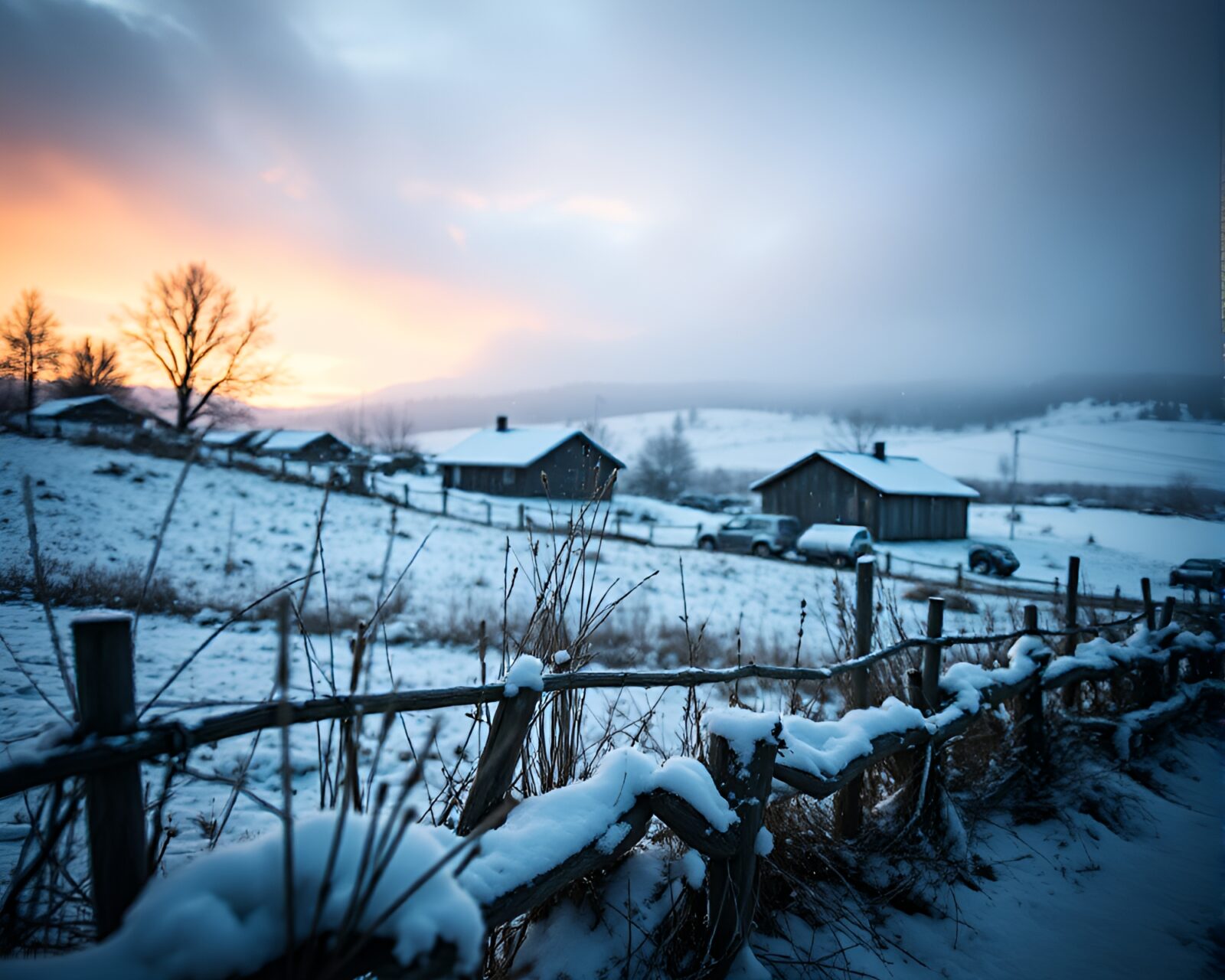 Vibrant macro snowy rural landscape with warm lighting