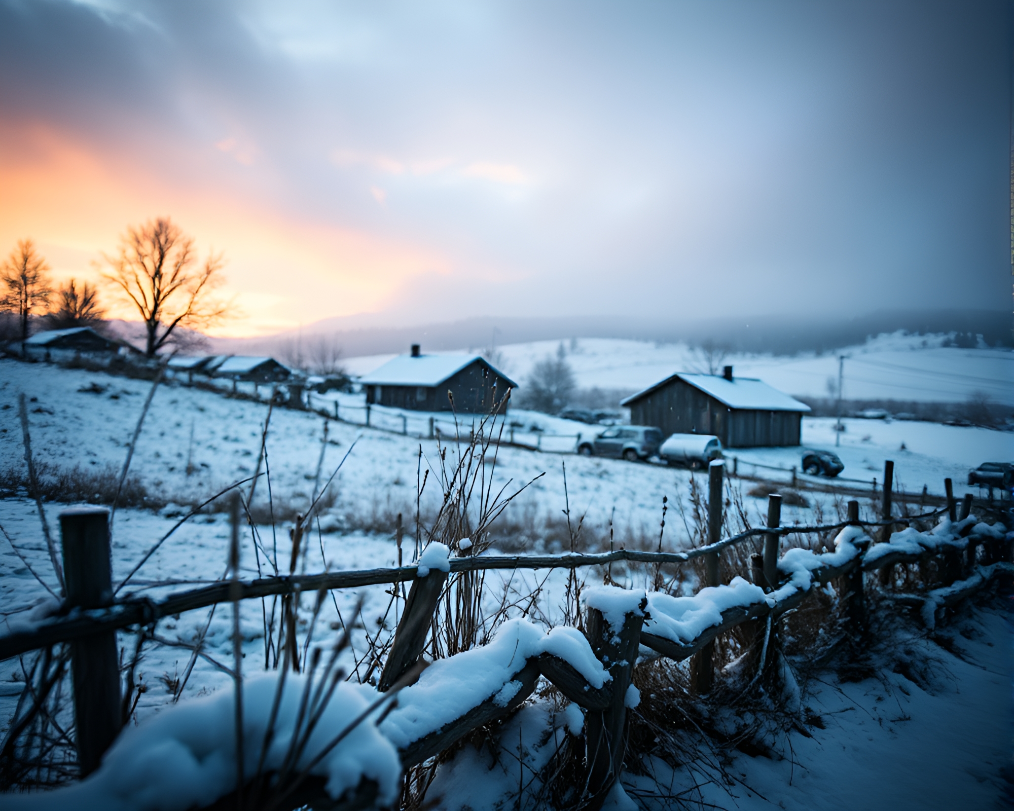 Energetic Winter: Cozy Macro Snowy Landscape – free AI stock image
