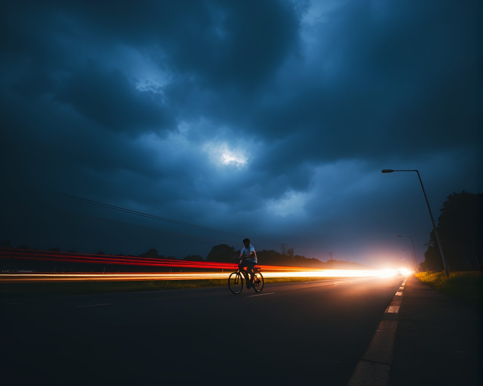 Silhouetted tourist biking in striking aerial long exposure shot