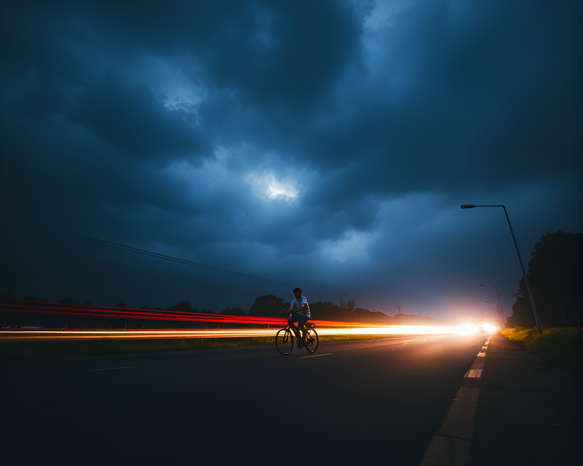 Aerial Tourist on Bicycle in Bright Ominous Landscape – free AI stock image