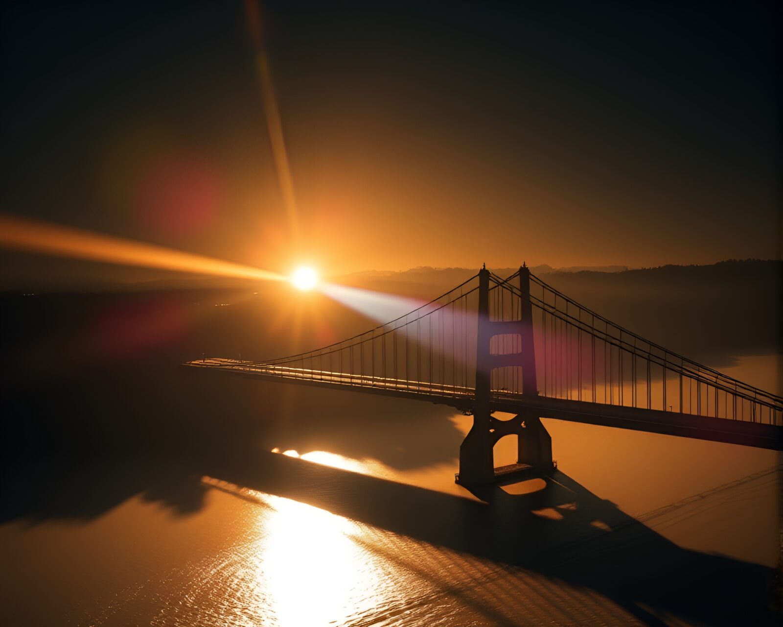 Dark aerial view of sunny bridge with chromatic aberration